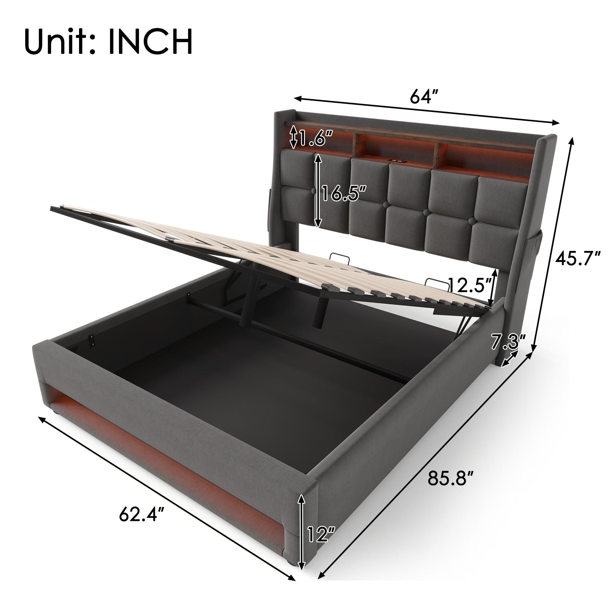 🆓🚛 Queen Size Upholstered Platform Bed With a Hydraulic Storage System, Led & Usb Charging, Gray