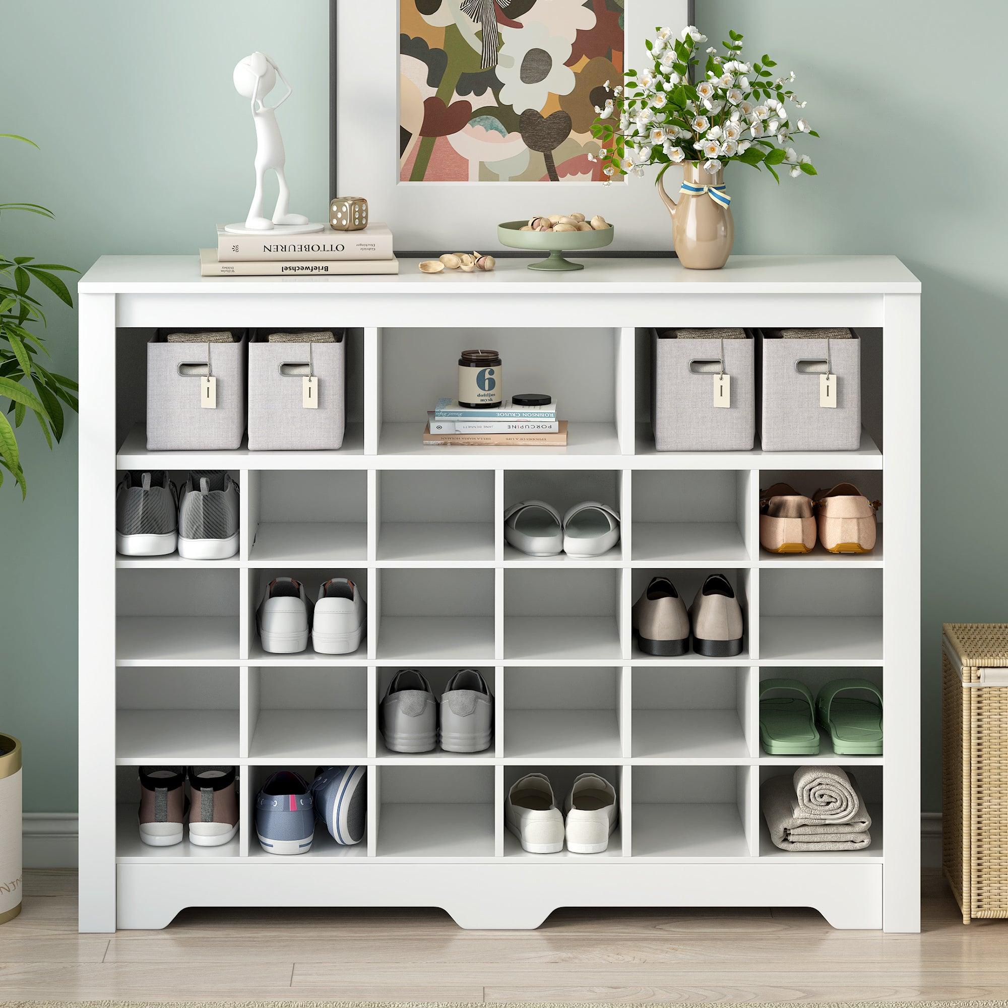 🆓🚛 Sleek Design 24 Shoe Cubby Console, Modern Shoe Cabinet With Curved Base, Versatile Sideboard for Hallway, Bedroom & Living Room, White