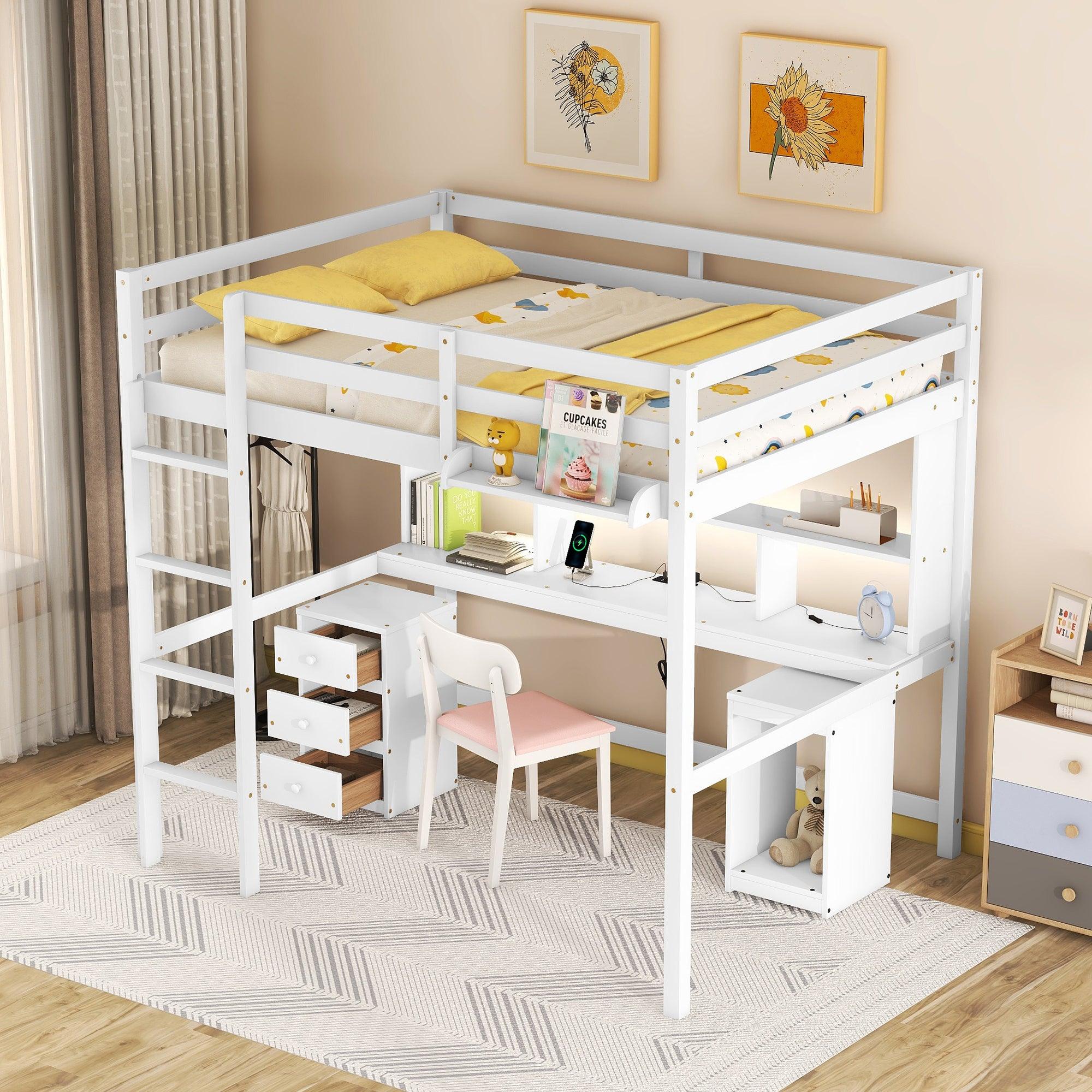 🆓🚛 Full Size Loft Bed With Multi-Storage Desk, Led Light & Bedside Tray, Charging Station, White