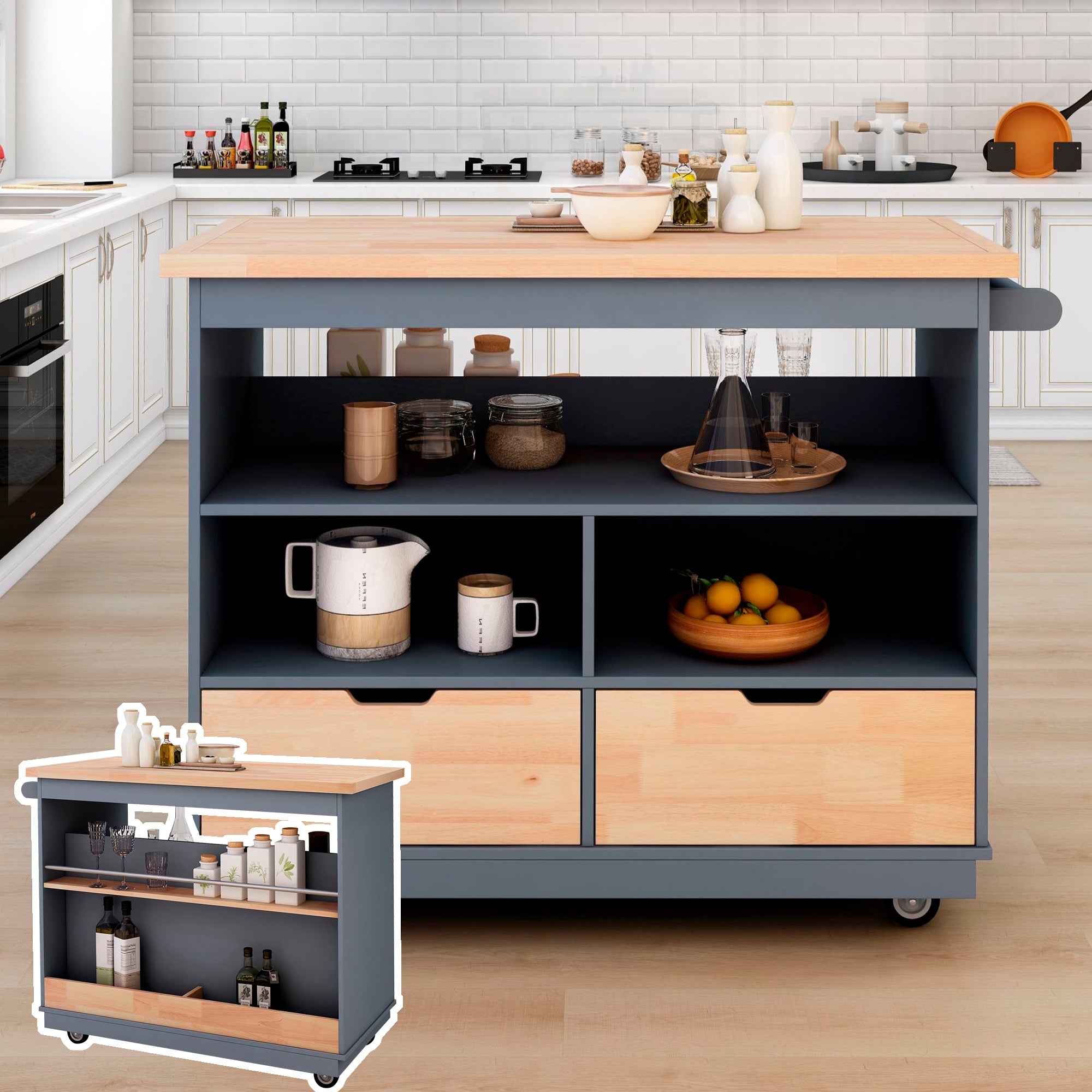 🆓🚛 Rolling Kitchen Island With Storage, Two-Sided Kitchen Island Cart On Wheels With Wood Top, Wine and Spice Rack, Large Kitchen Cart With 2 Drawers, 3 Open Compartments, Gray Blue