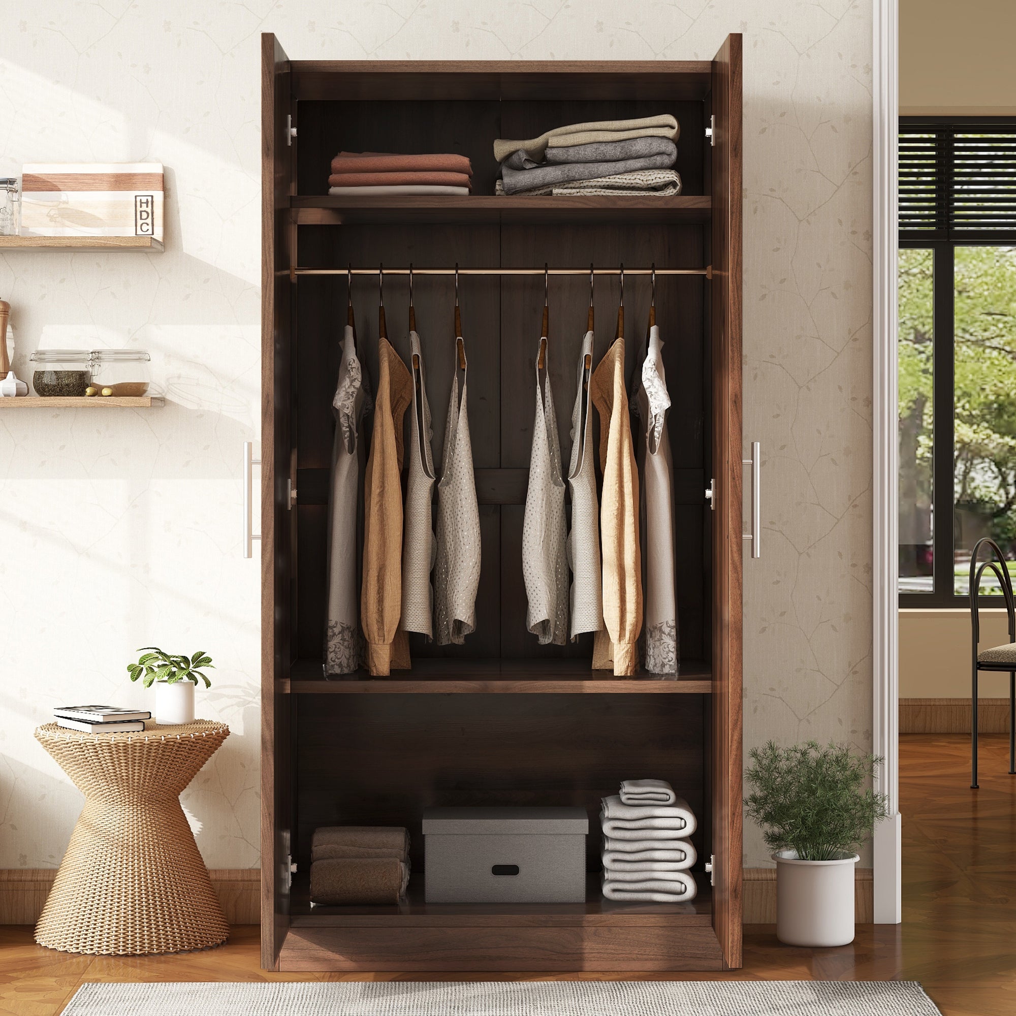 2-Door Wooden Wardrobe Armoire with 3 Storage Shelves, Brown