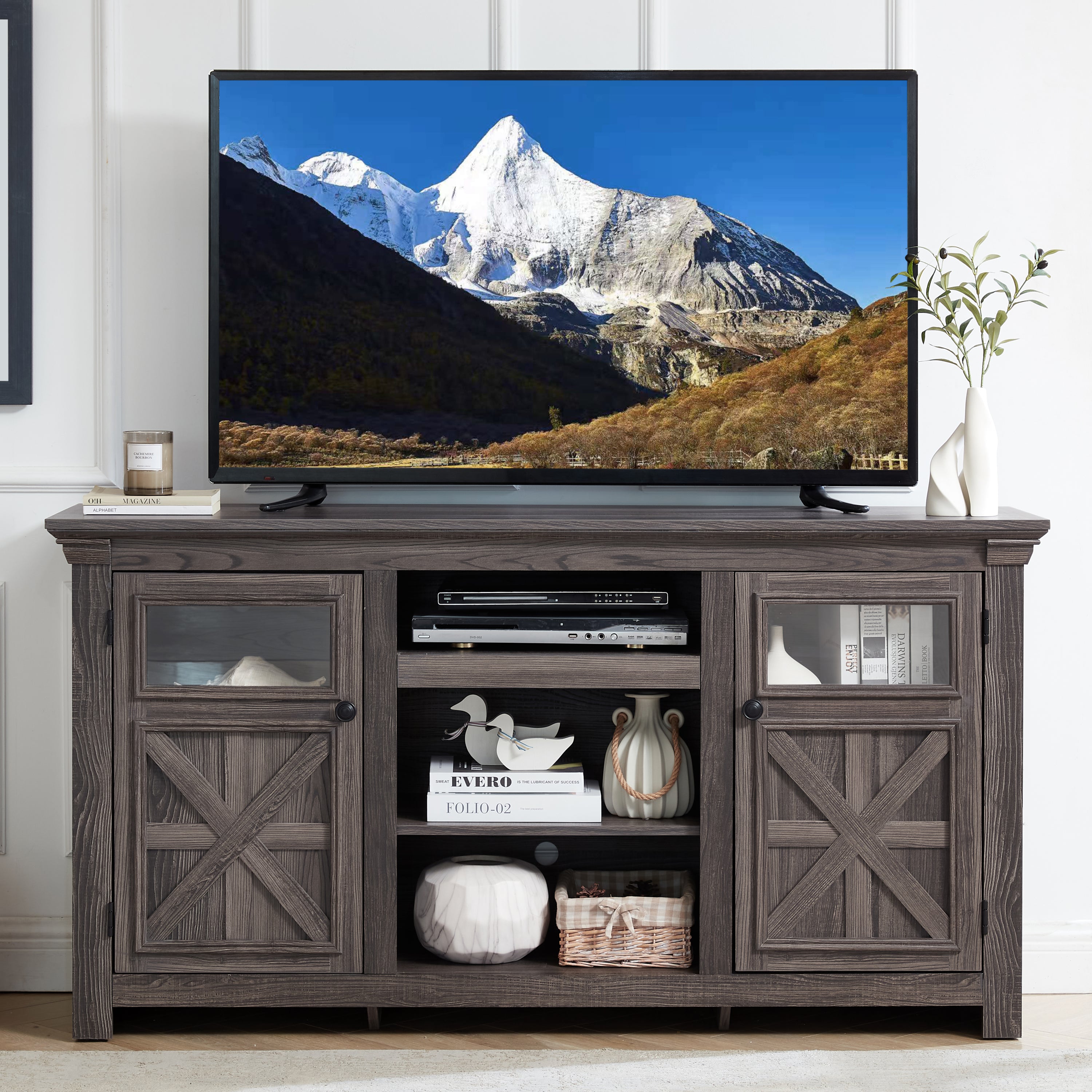 2 Doors Cabinet Farmhouse Cabinet, Farmhouse TV Stand Barn Design, Modern Farmhouse TV Media Stand, Large Barn Inspired Home Entertainment Console, Gray, 60.23"W*15.35"D*31.7"H