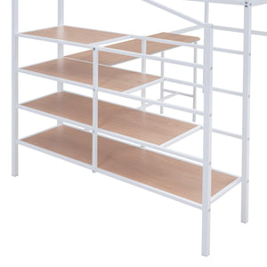 Full Size Metal Loft Bed with Desk and Lateral Storage Ladder, White