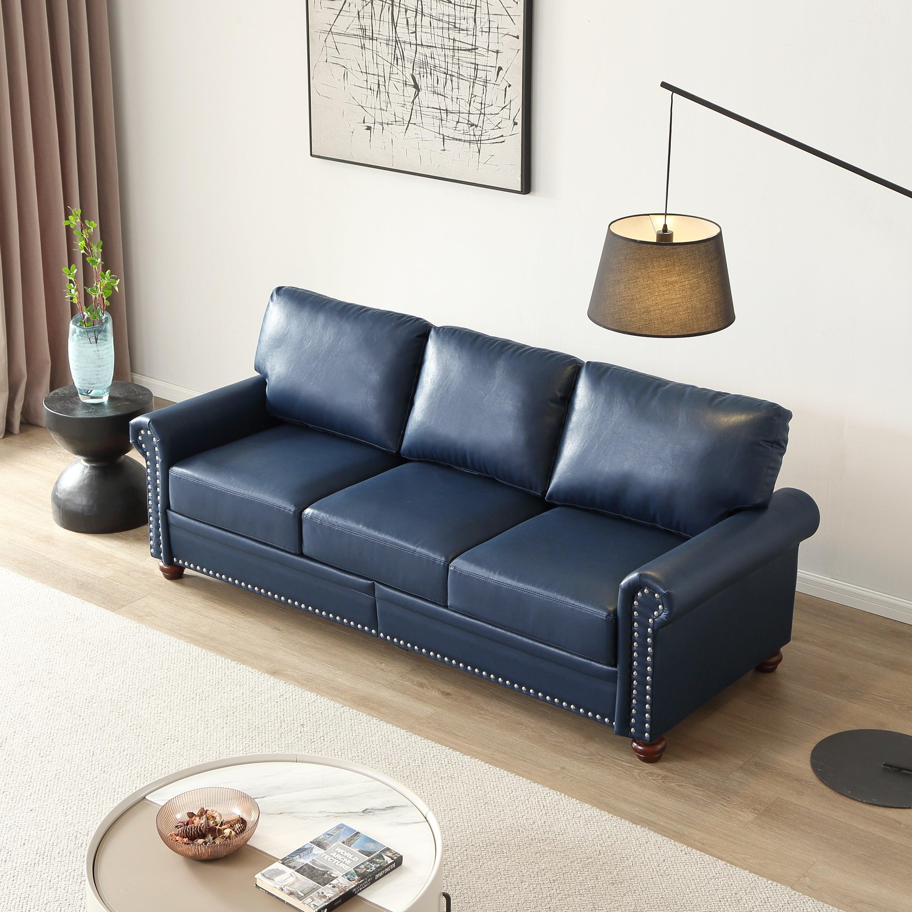 🆓🚛 Classic Living Room Nails Sofa Navy Blue Faux Leather