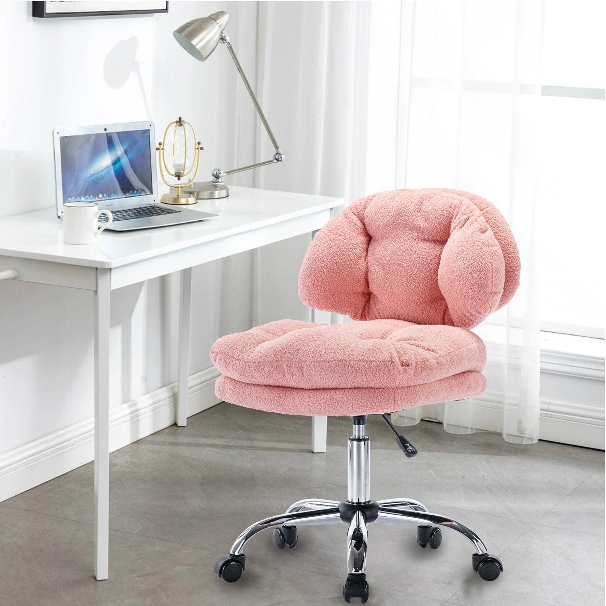 🆓🚛 Teddy Velvet Makeup Pink Home Office Chair Bling Desk, Nail Desk for Women, Vanity Chair, Adjustable Height, Rolling Wheels