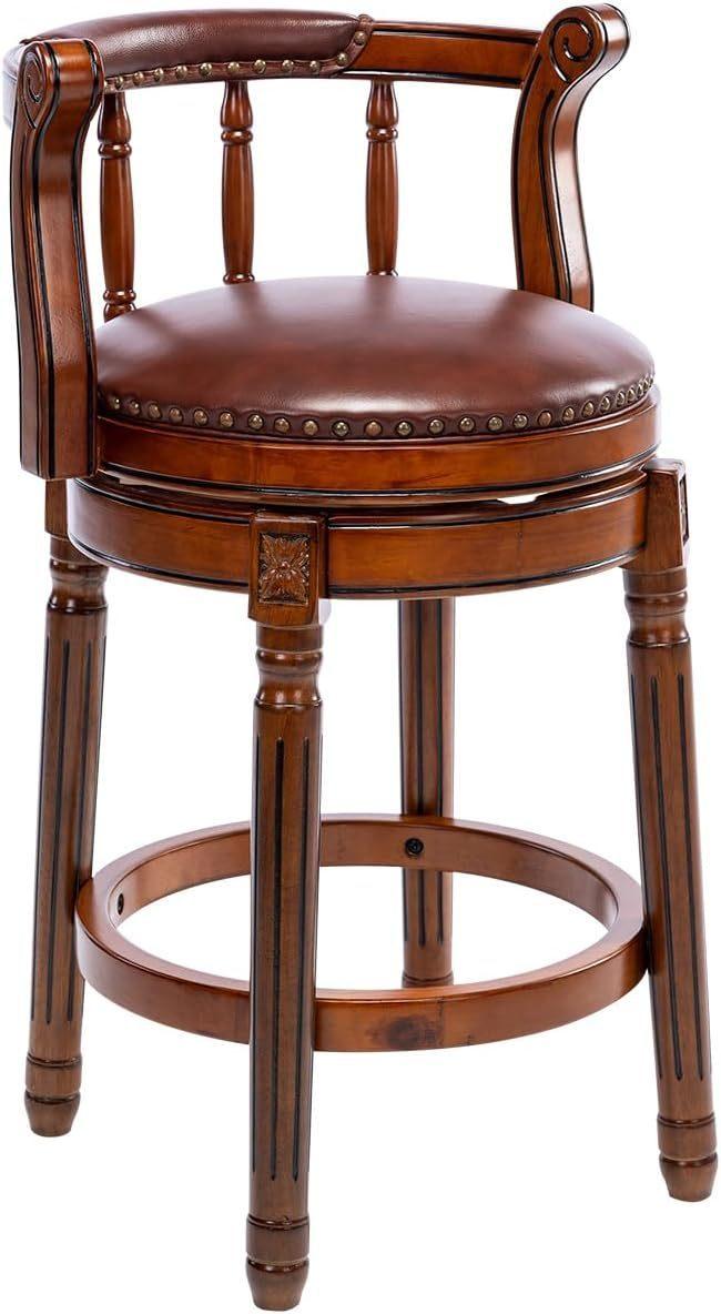 🆓🚛 Seat Height 26'' Swivel Cow Top Leather Wooden Bar Stools 360 Degree Swivel Bar Height Chair With Backs for Home Kitchen Counter (Brown 1Pc)
