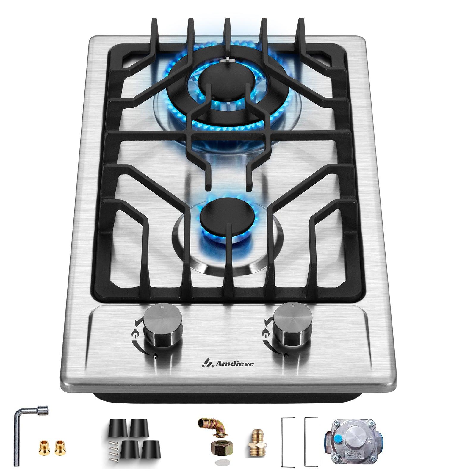 🆓🚛 2 Burner Gas Cooktop 12", Built-in Gas Stove Top Electronic Ignition, Propane Stove 2 Burner, Thermocouple Flame Protection, Propane Gas / Natural Gas Dual Fuel