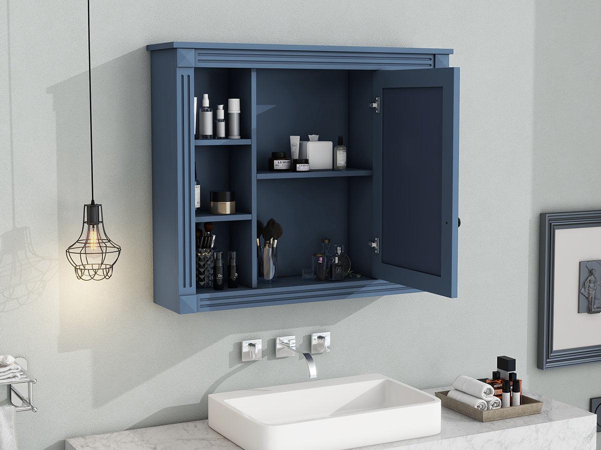 🆓🚛 35'' X 28'' Royal Blue Wall Mounted Mirror Bathroom Storage Cabinet, 6 Open Shelves