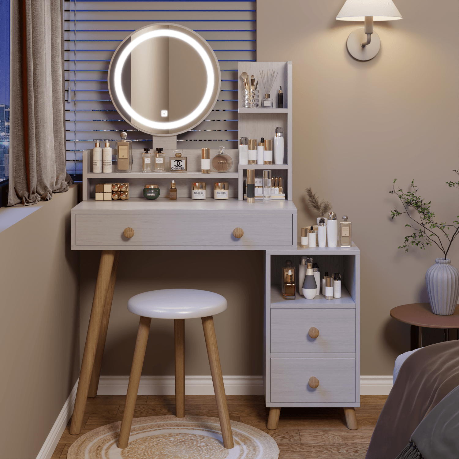 🆓🚛 Round Mirror Bedside Cabinet Vanity Table + Cushioned Stool, 17" Diameter Led Mirror, Touch Control, 3-Color, Brightness Adjustable, Large Desktop, Right Bedside Cabinet, Multi-Layer Storage