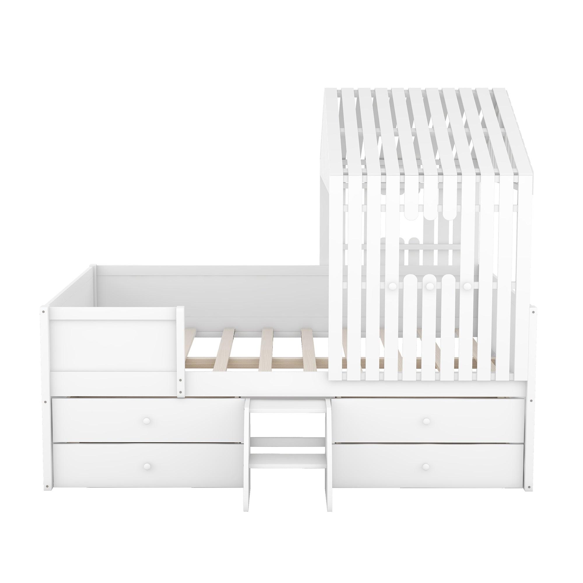 Full Size House Low Loft Bed with Four Drawers, White