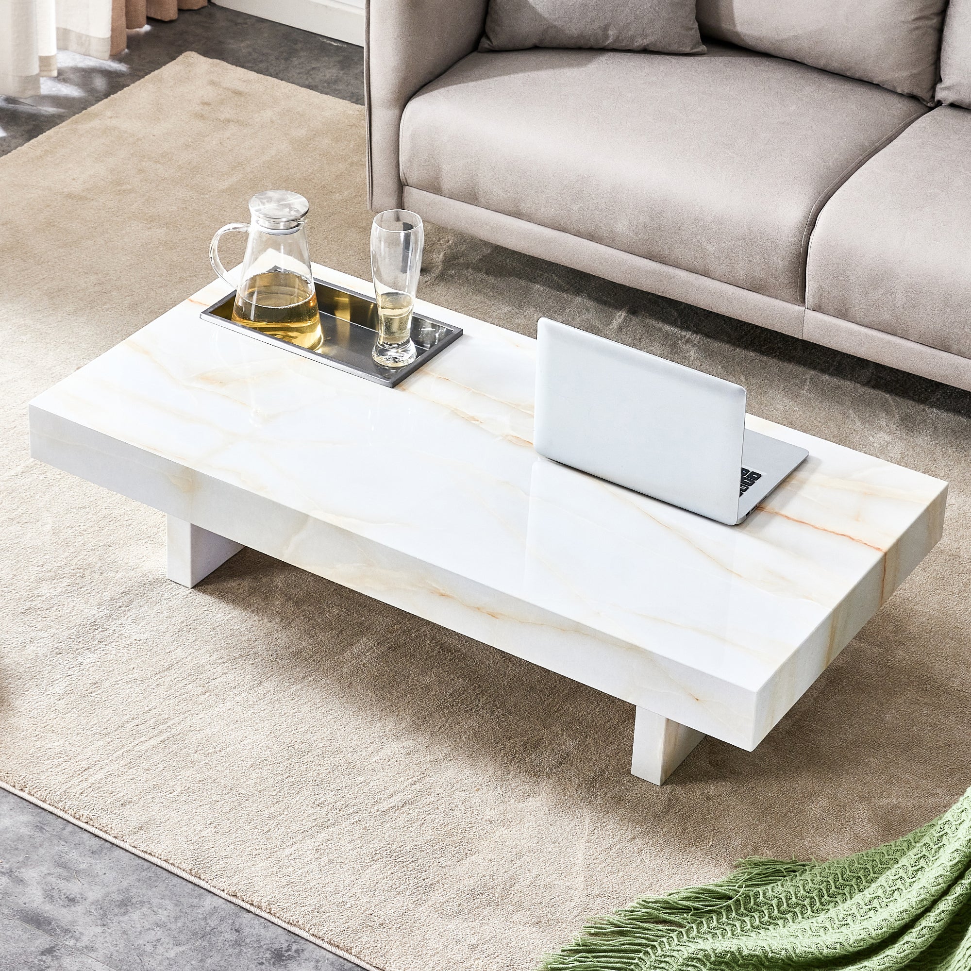🆓🚛 Modern & Practical Coffee Table With Imitation Marble Patterns, Made of MDF Material 47.2"X 23.6"X 12", White