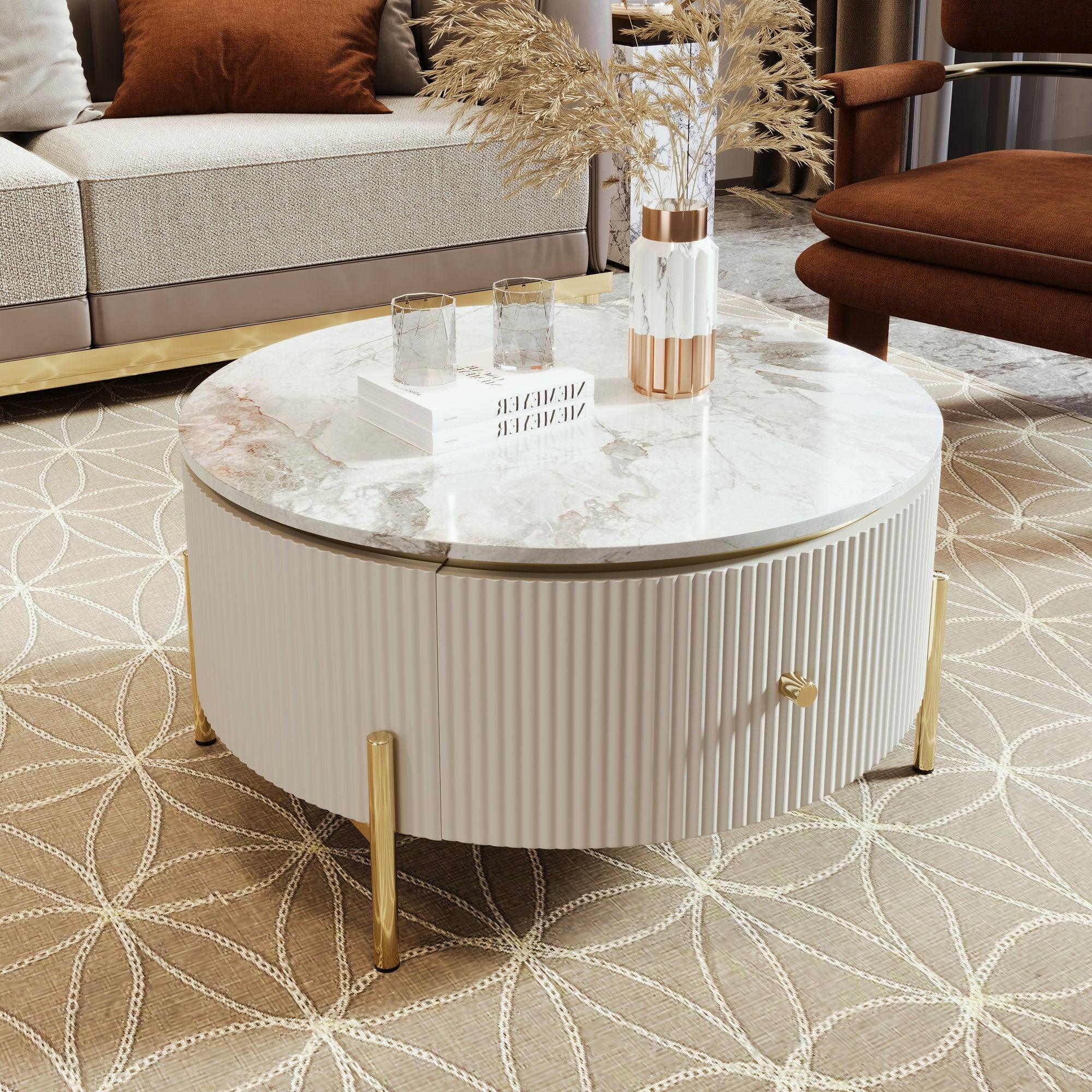🆓🚛 Jamefer Modern Round Coffee Table With 2 Large Drawers - Off White