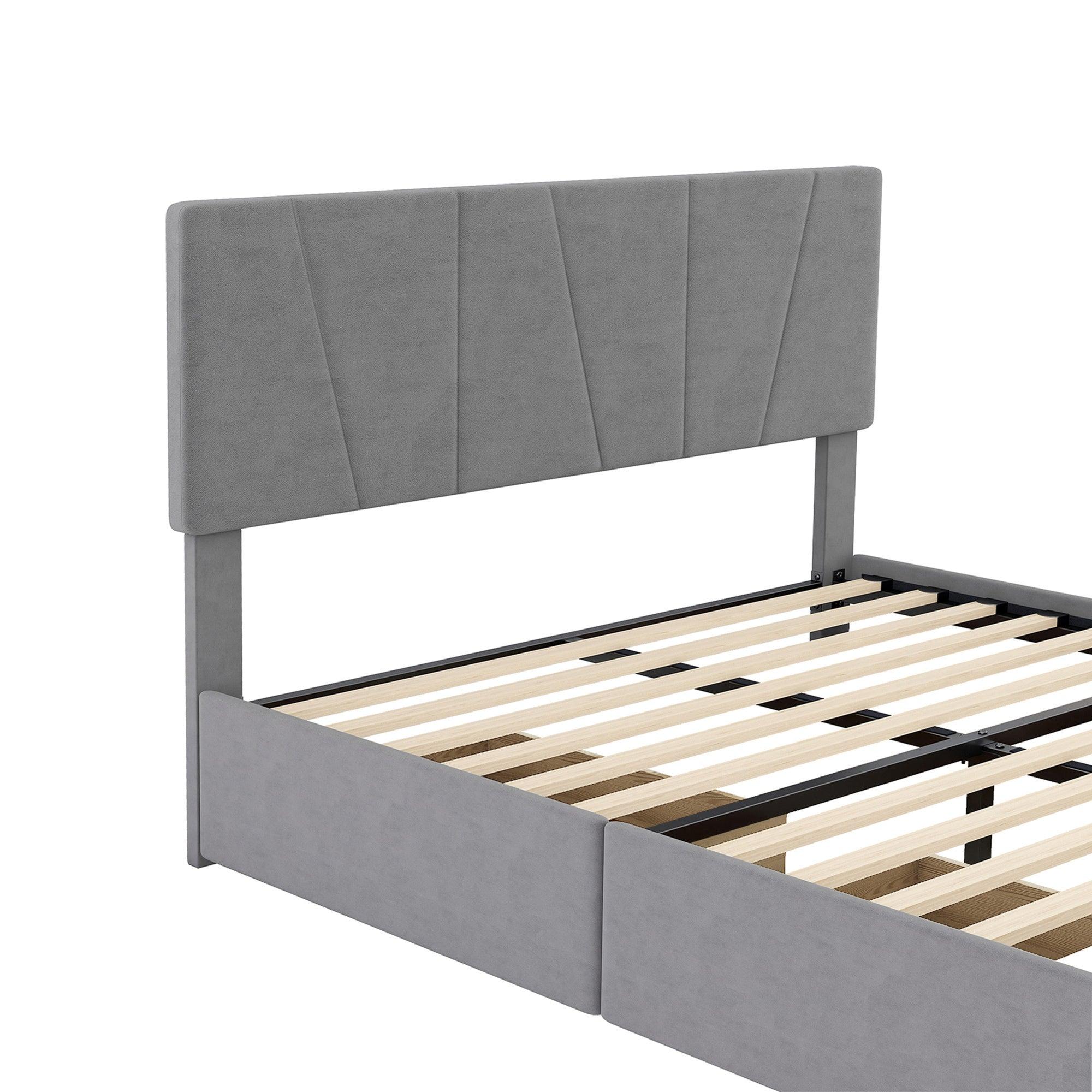 Full Size Upholstery Platform Bed with Four Drawers on Two Sides, Adjustable Headboard, Grey