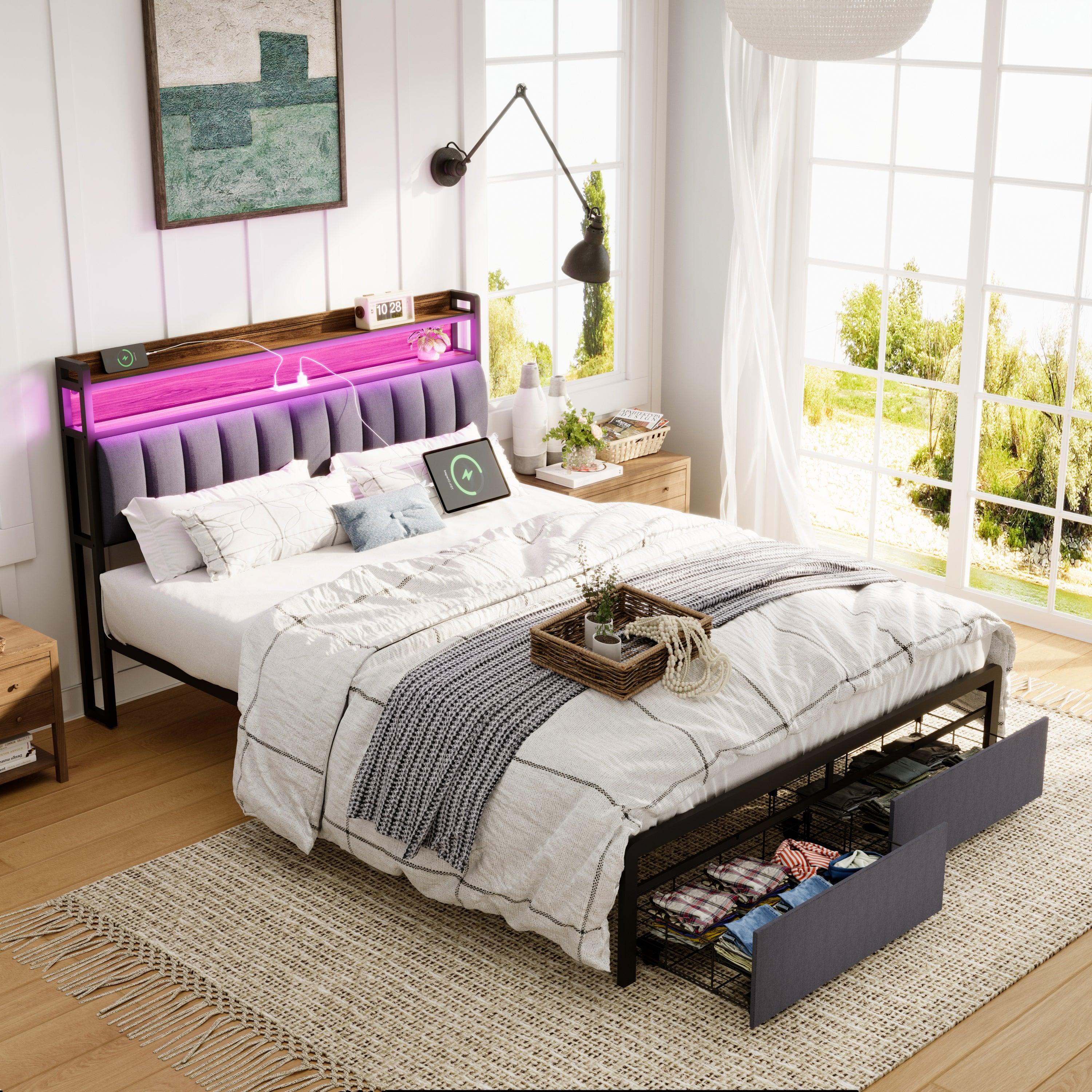 🆓🚛 Queen Bed Frames With Storage Headboard & Drawers, Led Platform Bed Frame Queen Size, Led Upholstered Bed Frame With Charging Station, No Box Spring Needed, Easy Assembly, Gray