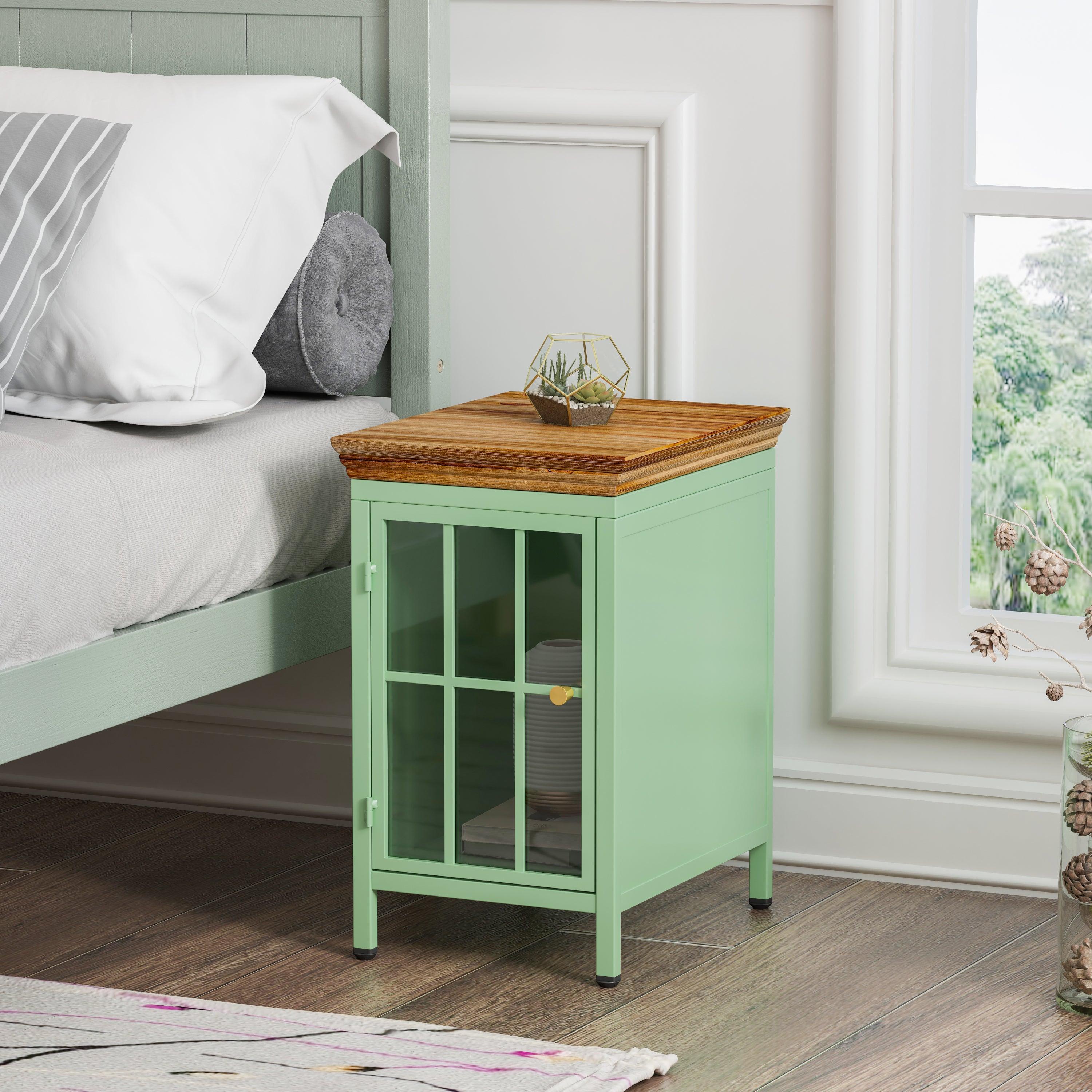 🆓🚛 Nightstands (Set Of 2) With Storage Cabinet & Solid Wood Tabletop, Bedside Table, Sofa Side Coffee Table for Bedroom, Living Room, Green