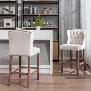 Counter Height Bar Stools, Upholstered 27" Seat Height Barstools, Wingback Breakfast Chairs with Nailhead-Trim & Tufted Back, Wood Legs, Set of 2(Beige)