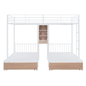 Full Over Twin & Twin Triple Bunk Bed with Drawers, Multi-functional Metal Frame Bed with desks and shelves in the middle, White