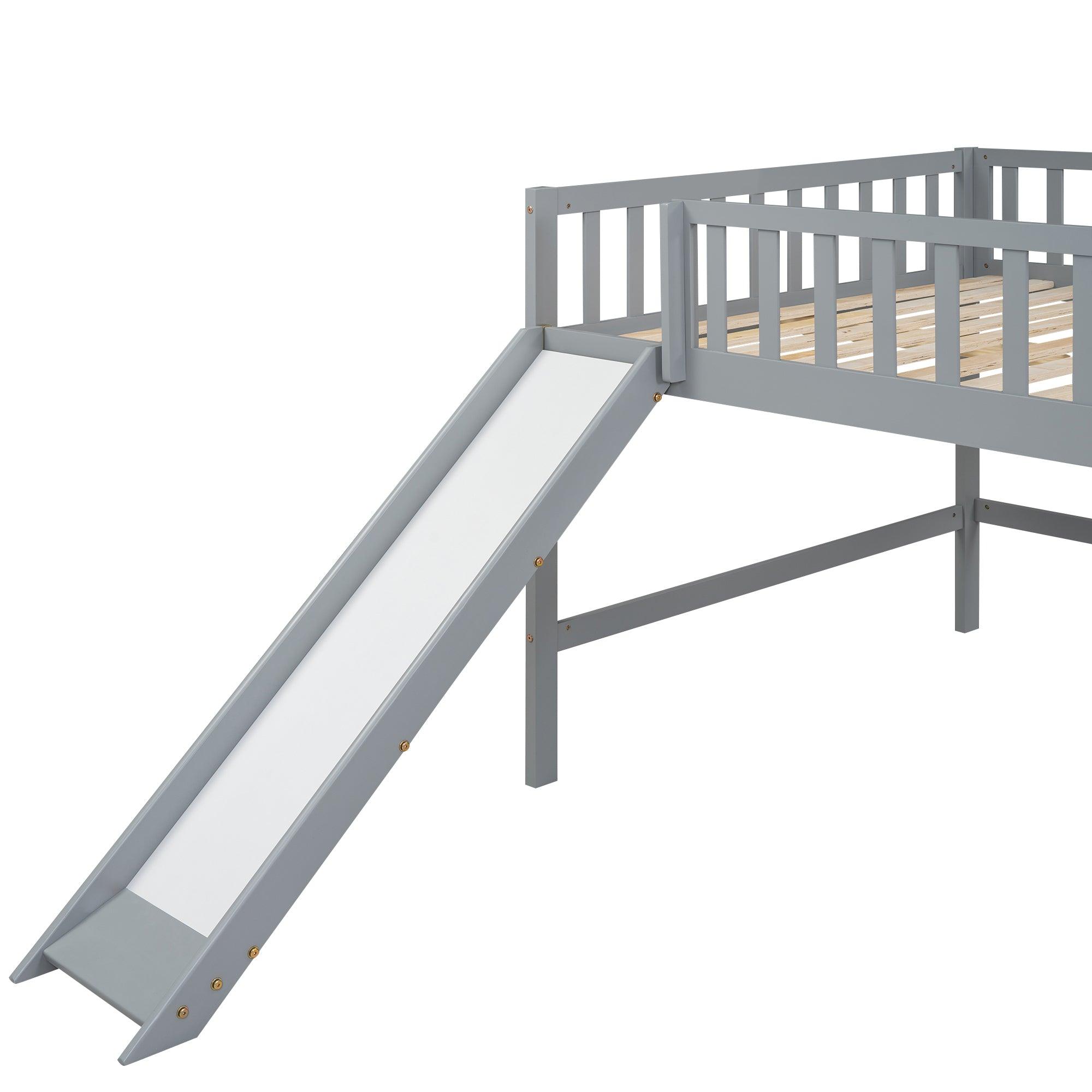 Full Size Low Loft Bed with Ladder and Slide, Gray