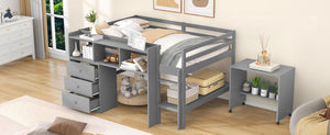 Full Size Low Loft Bed with Rolling Portable Desk, Drawers and Shelves, Gray