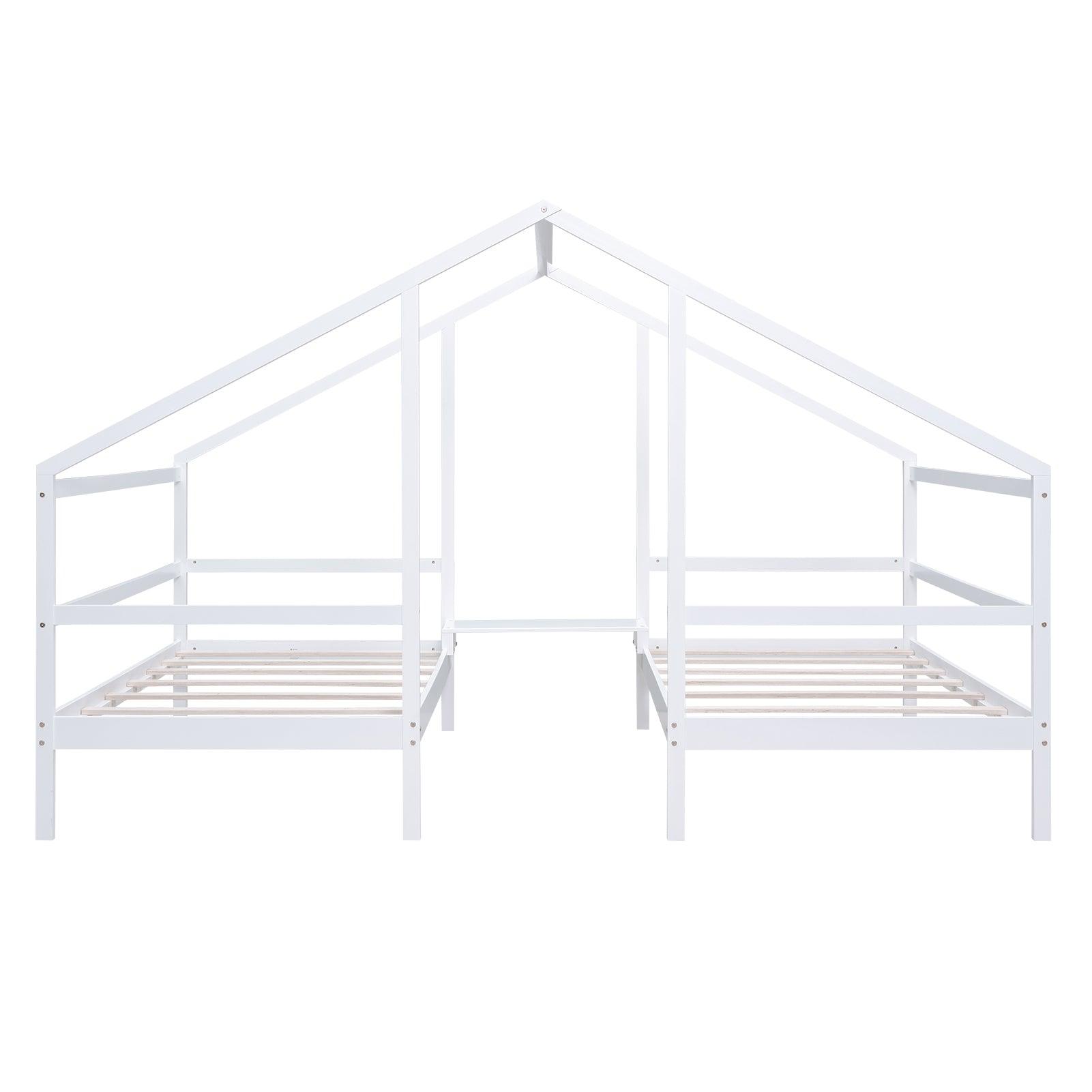 Double Twin Size Triangular House Beds with Built-in Table, White