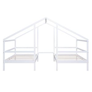 Double Twin Size Triangular House Beds with Built-in Table, White