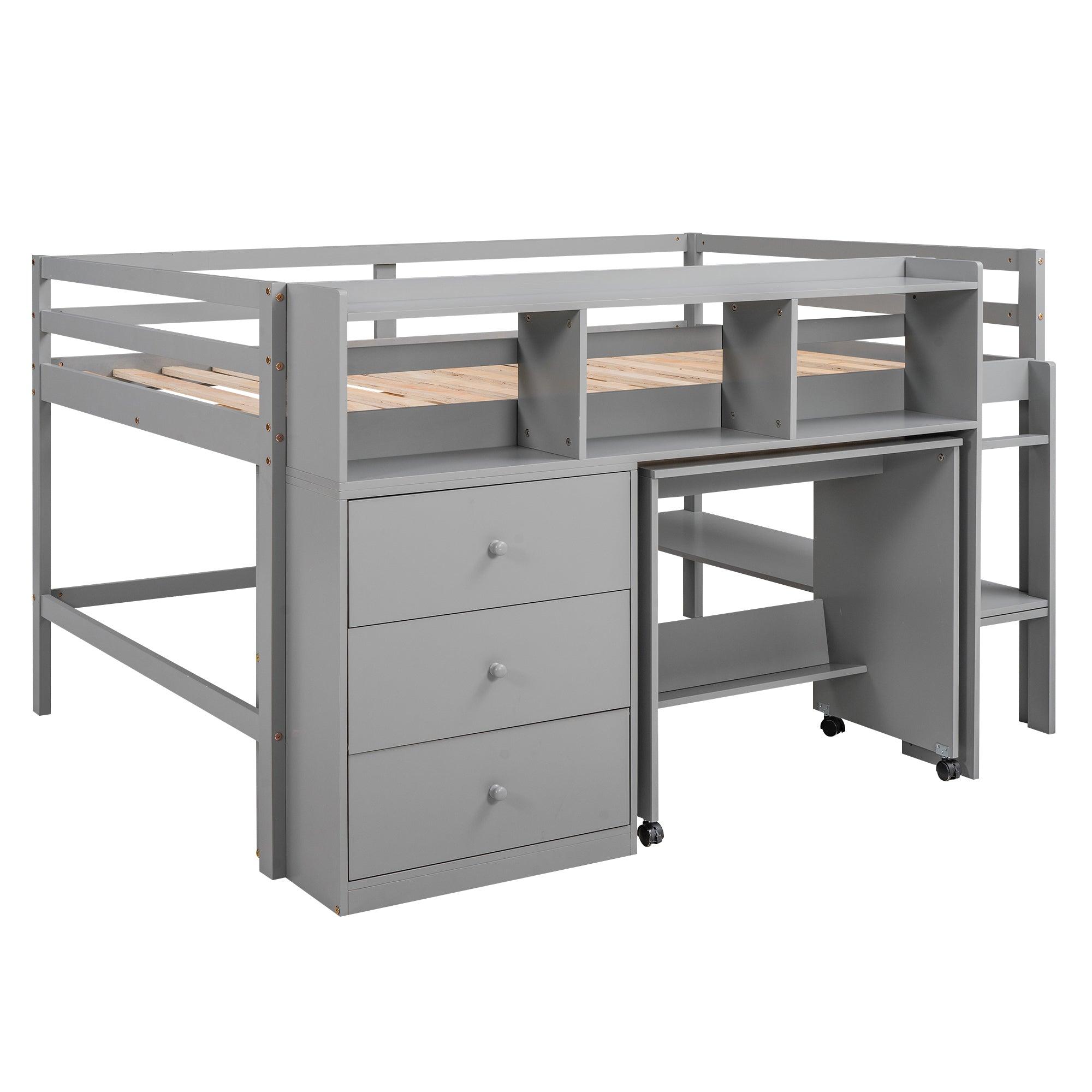 Full Size Low Loft Bed with Rolling Portable Desk, Drawers and Shelves, Gray