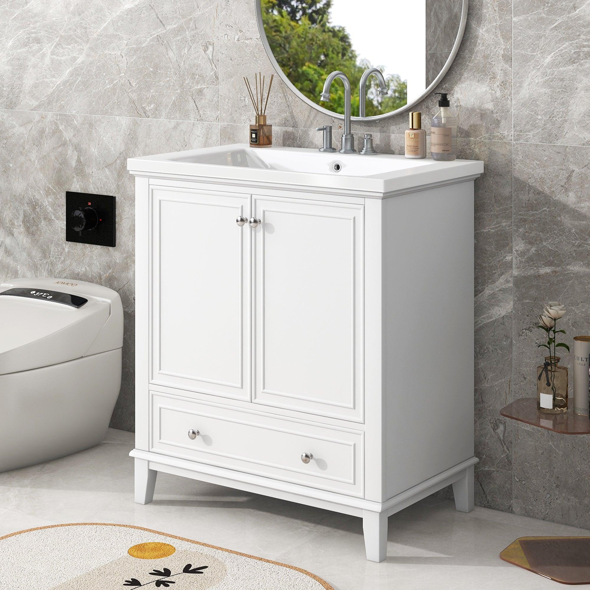 🆓🚛 30" Bathroom Vanity With Sink Combo, Multi-Functional Bathroom Cabinet With Doors & Drawer, Solid Frame & Mdf Board, White