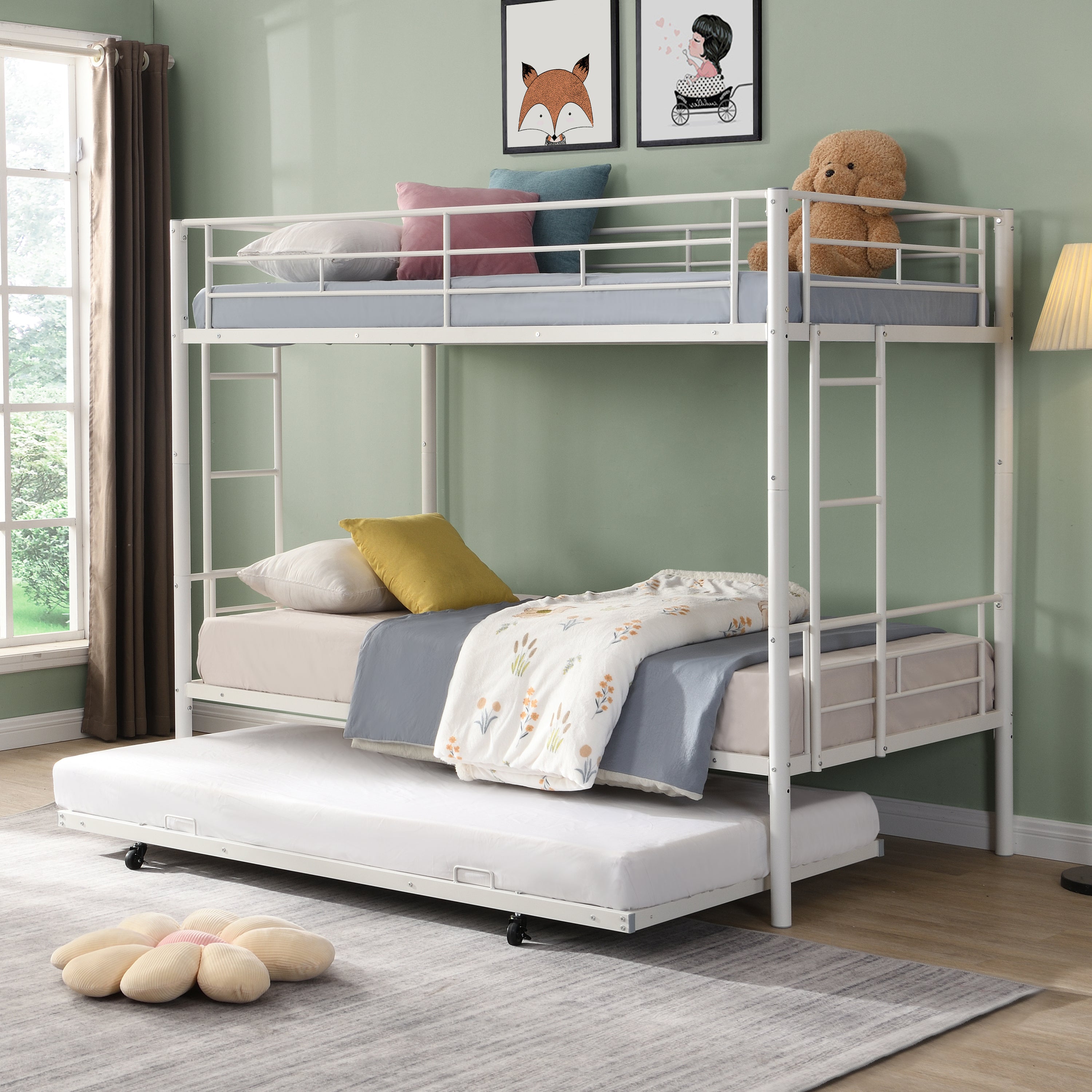 Metal Bunk Bed with trundle, White