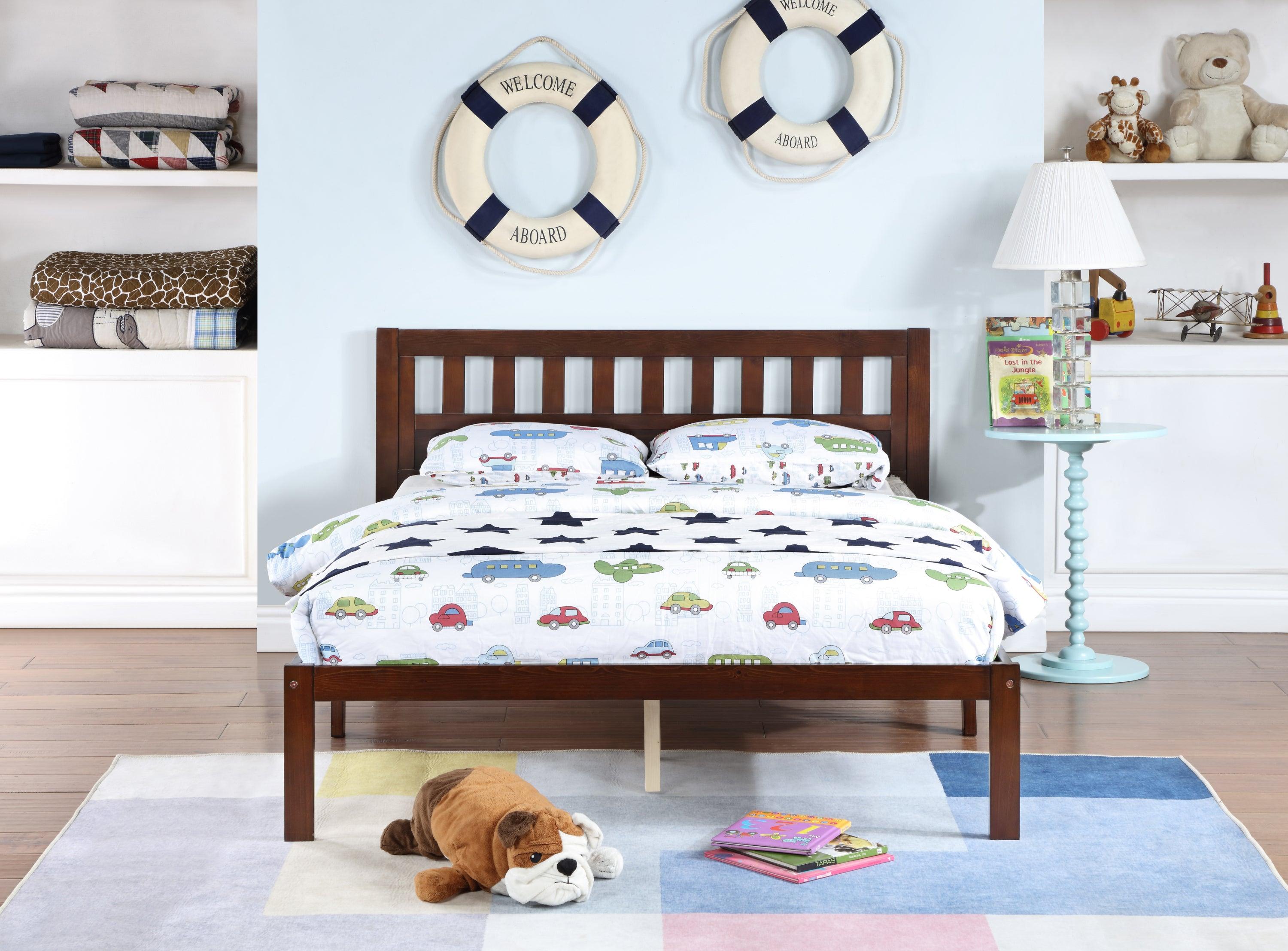 🆓🚛 Full Size Bed, Wood Platform Bed Frame With Headboard for Kids, Slatted, Dark Walnut