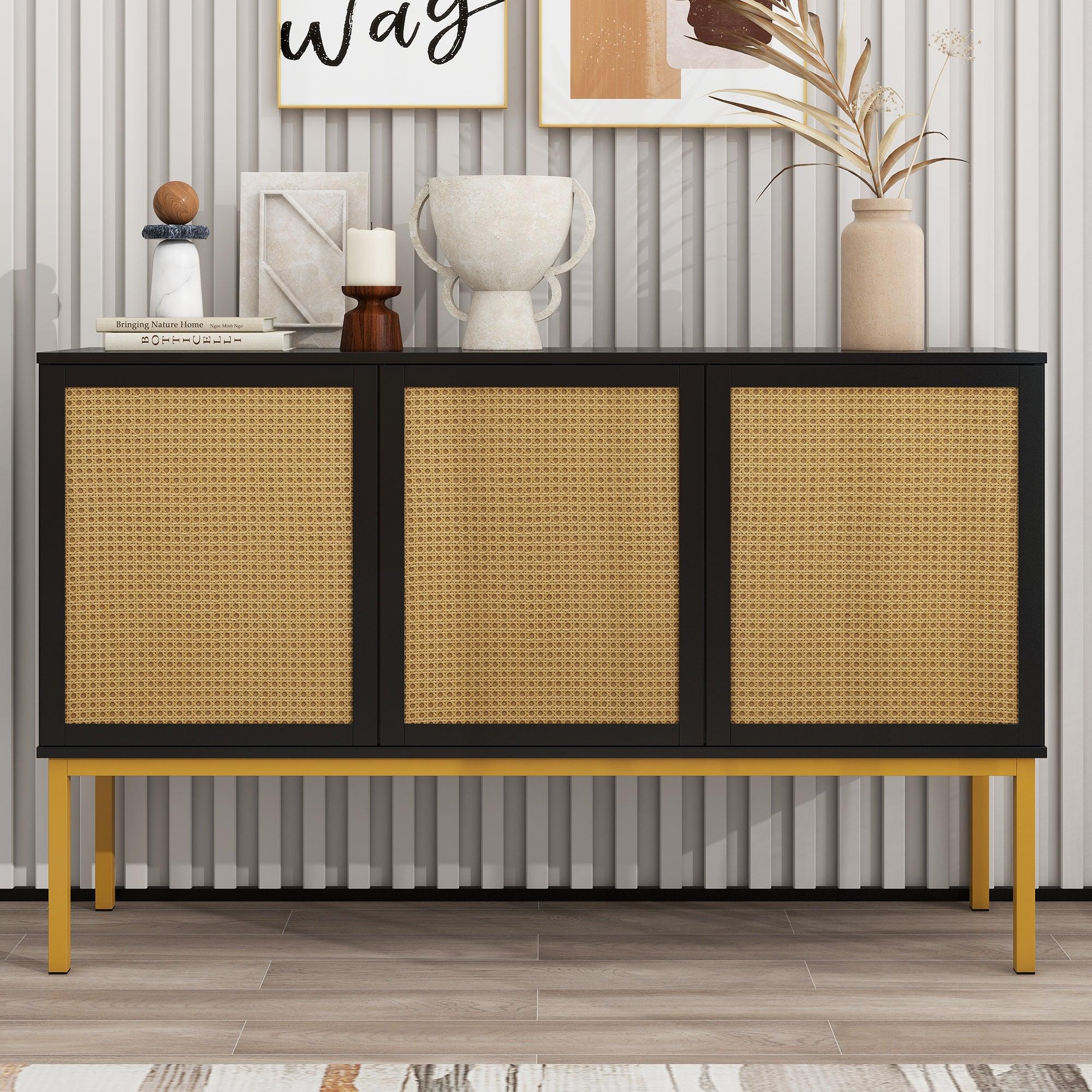 🆓🚛 Large Storage Space Sideboard With Artificial Rattan Door & Rebound Device for Living Room & Entryway (Black)
