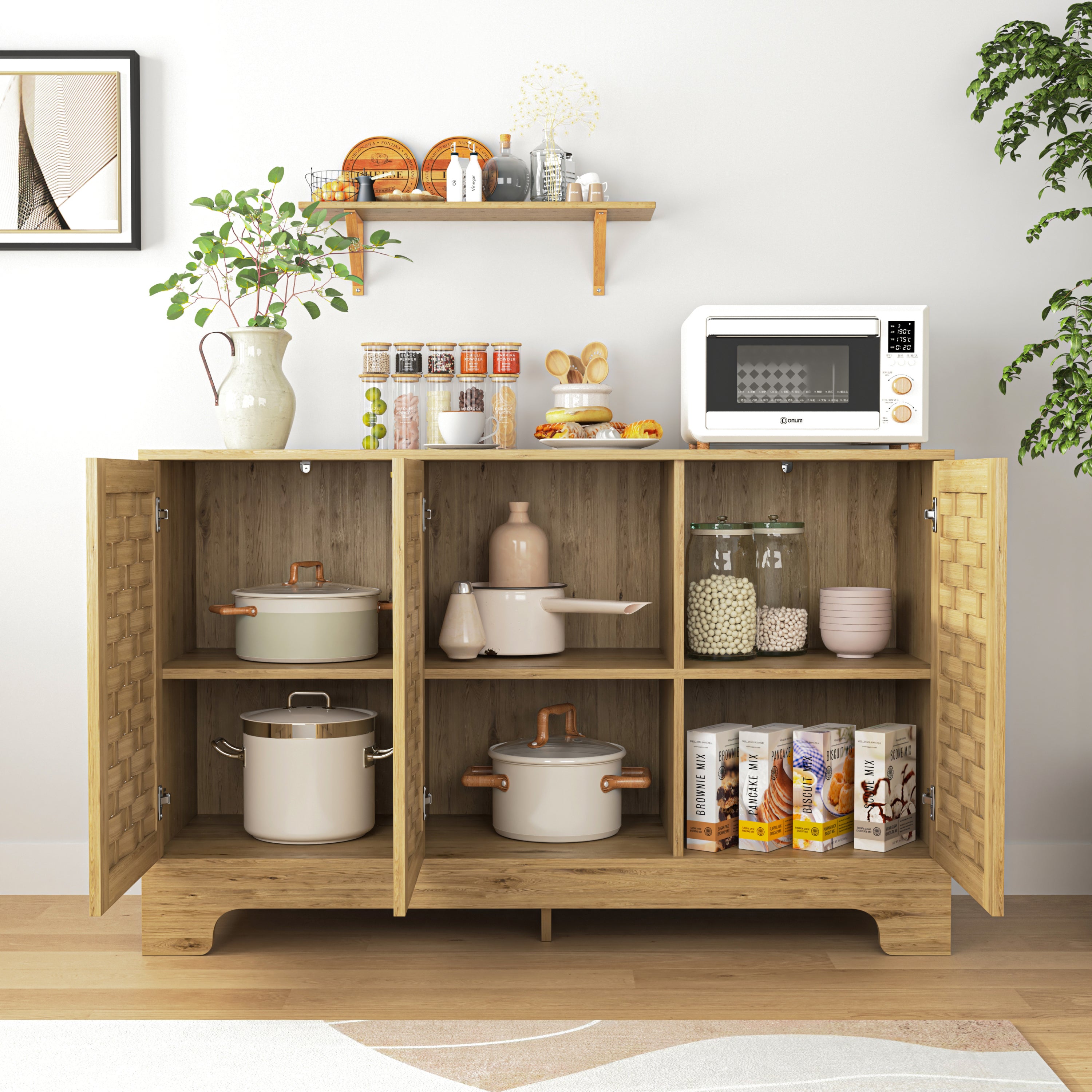 🆓🚛 Storage Cabinet With 3 Doors, Wood Sideboard Buffet Storage With Adjustable Shelf, Anti-Tip Kit Accent Cabinet, Natural