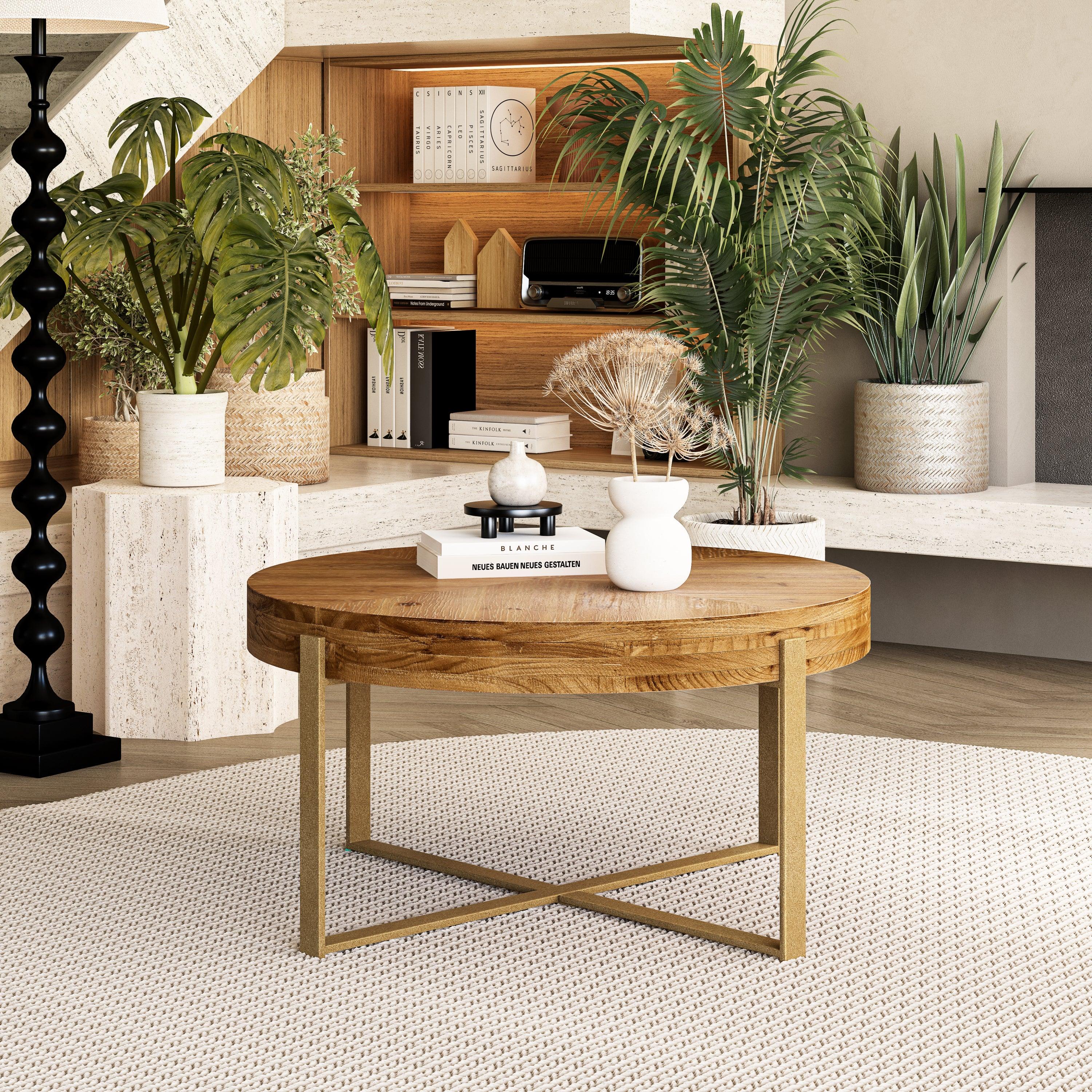 33.86" Modern Retro Splicing Round Coffee Table, Fir Wood Table Top with Gold Cross Legs Base