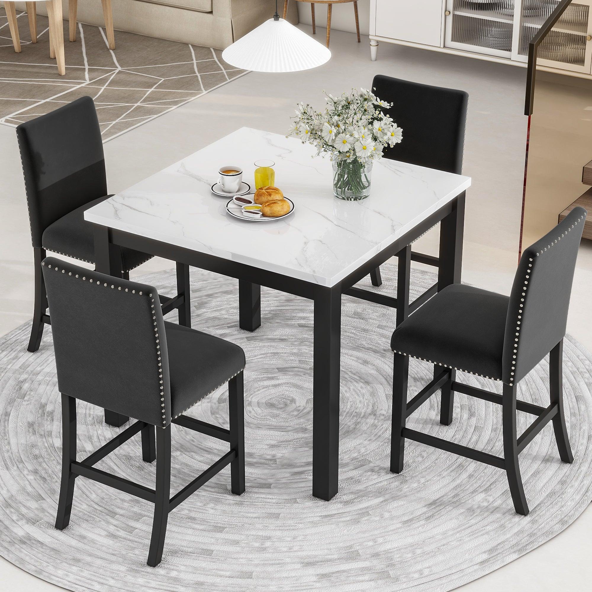 🆓🚛 5-Piece Counter Height Dining Table Set With One Faux Marble Top Dining Table & 4 Velvet-Upholstered Chairs, Black