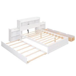 Full Size Storage Platform Bed with Pull Out Shelves, Twin Size Trundle and 2 Drawers, White