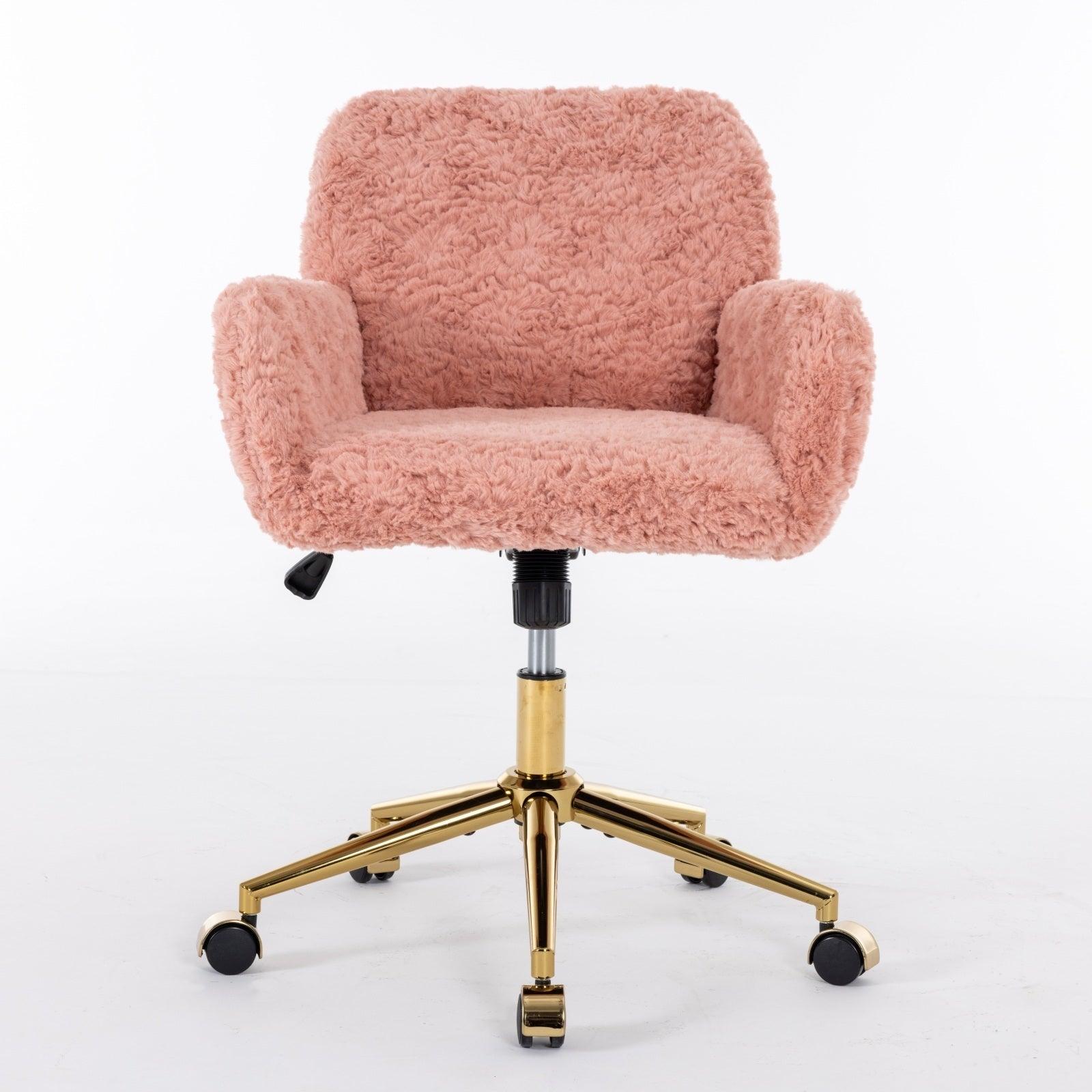 🆓🚛 Office Chair, Artificial Rabbit Hair Home Office Chair With Golden Metal Base, Adjustable Desk Chair Swivel Office Chair, Vanity Chair (Pink)