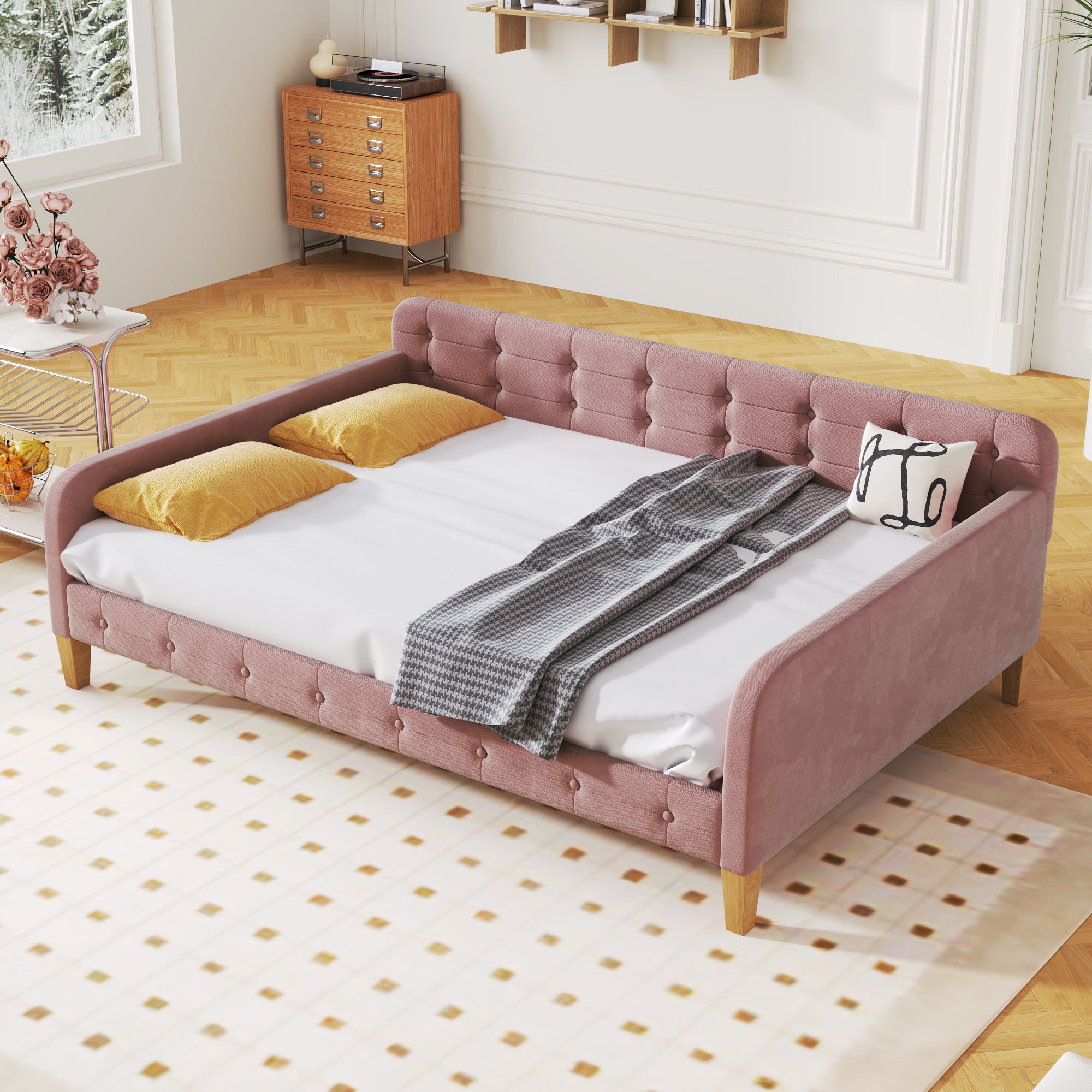 🆓🚛 Full Size Upholstered Daybed With 4 Support Legs, Pink