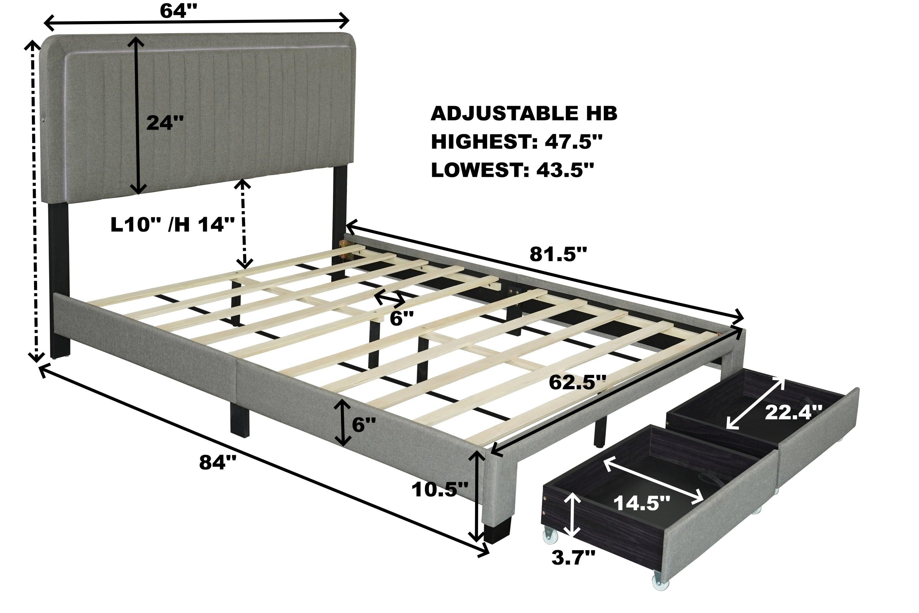 🆓🚛 Queen Size Upholstered Bed With Adjustable Height, Led Design With Footboard Drawers Storage, Stone