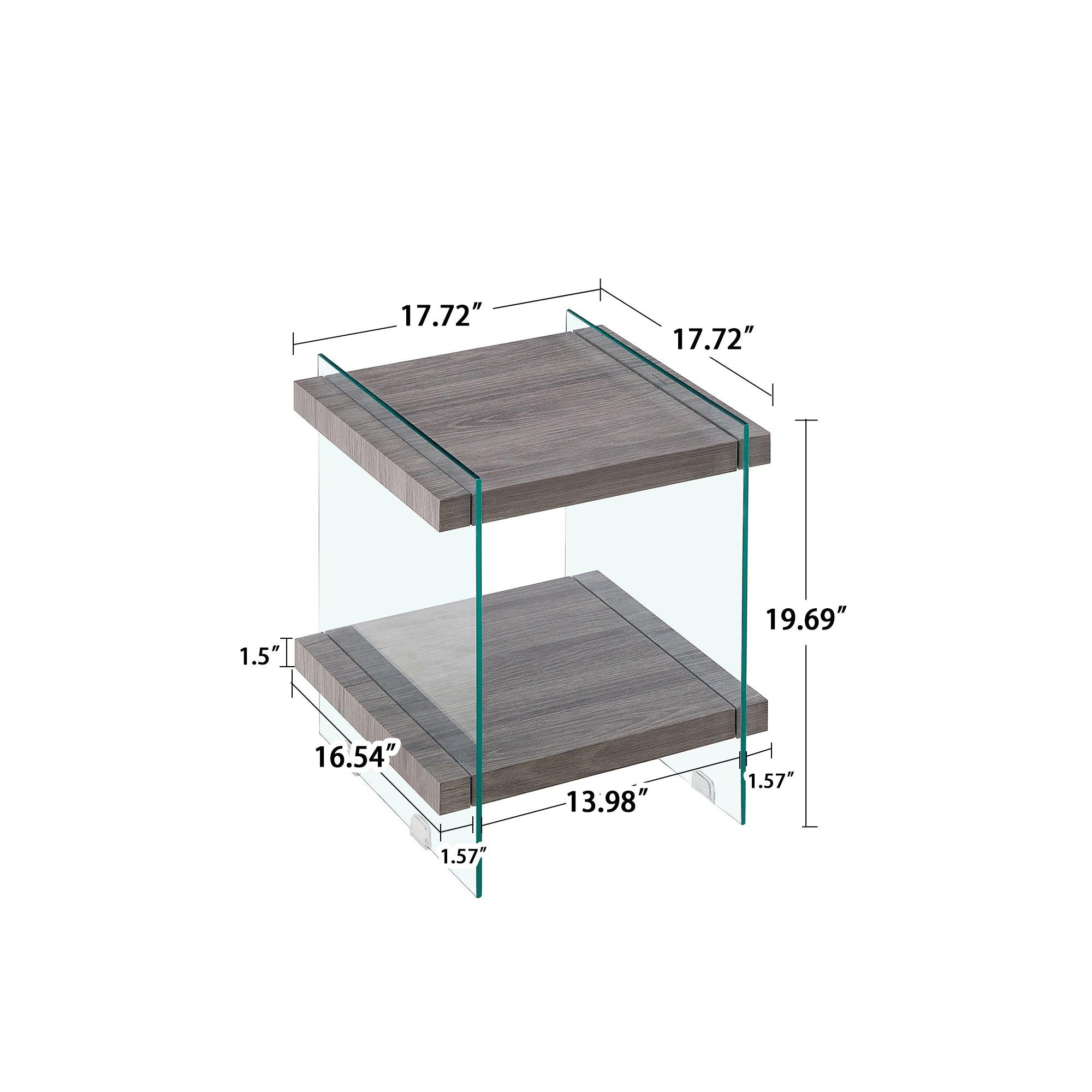 17.72" Sleek and Sturdy Tempered Glass Leg Side Table with Dual MDF Shelves, Modern nightstand  end table for living roon, bedroom, transparent/gray