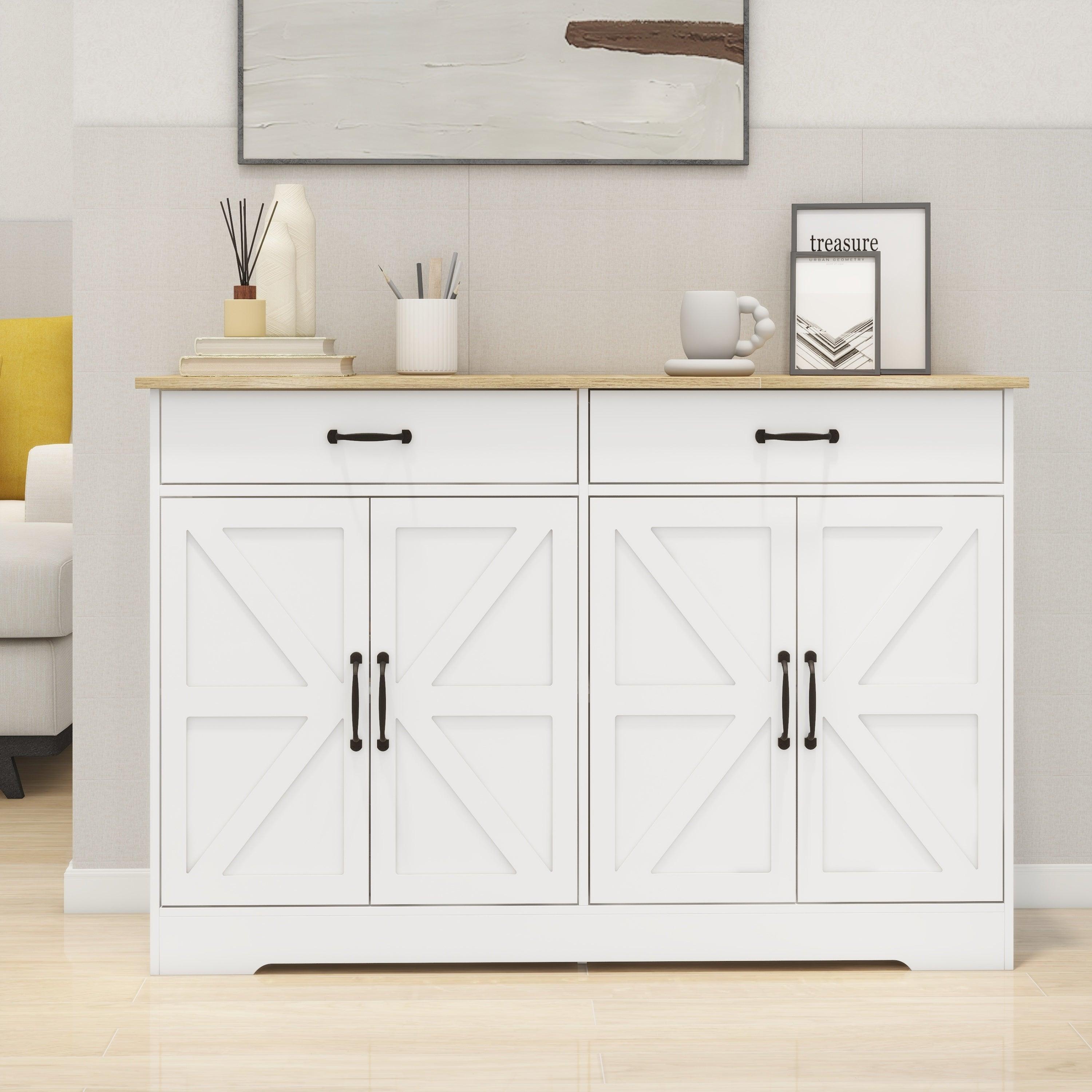 🆓🚛 47.95" Farmhouse Buffet Cabinet Storage Sideboard With 2 Drawers & 4 Doors for Dining Living Room Kitchen Cupboard-White