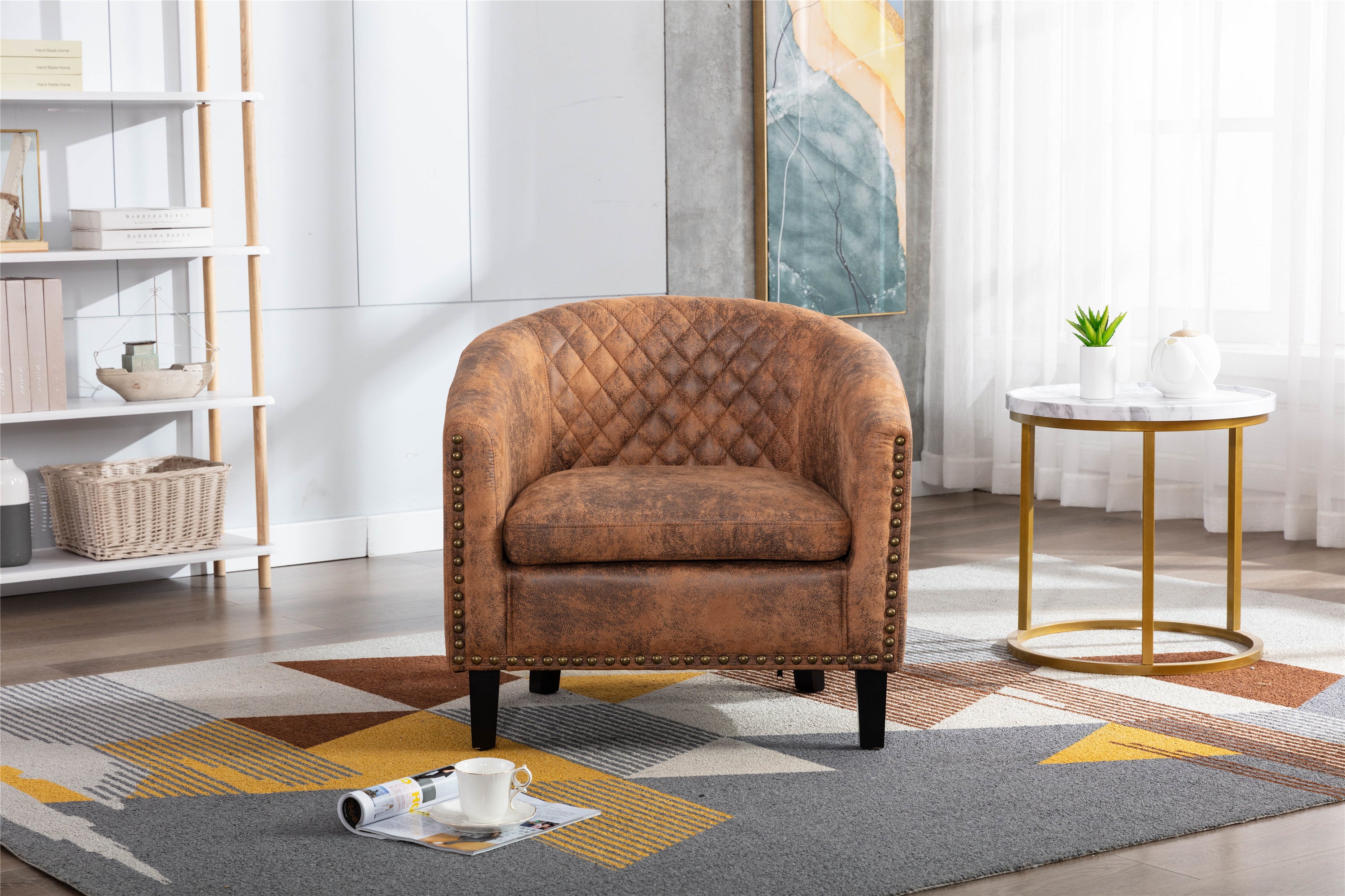 🆓🚛 Accent Barrel Chair Living Room Chair With Nailheads and Solid Wood Legs, Light Coffee Microfiber Fabric