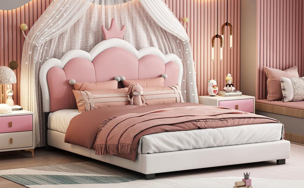 Full size Upholstered Princess Bed With Crown Headboard, Full Size Platform Bed with Headboard and Footboard, White+Pink