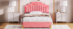 Full Size Upholstered Platform Bed with LED Lights and 4 Drawers, Stylish Irregular Metal Bed Legs Design, Pink