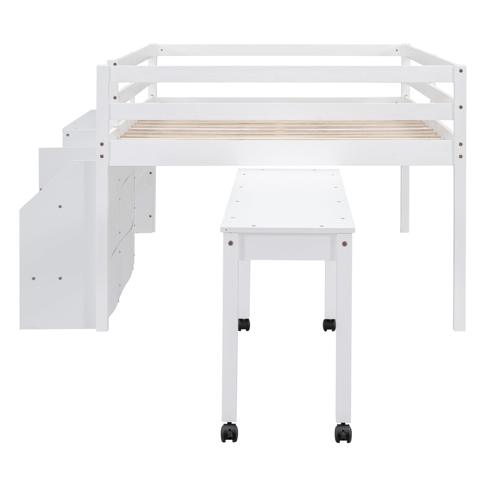 Full Size Loft Bed with Desk and Drawers, Wooden Loft Bed with Lateral Portable Desk, White