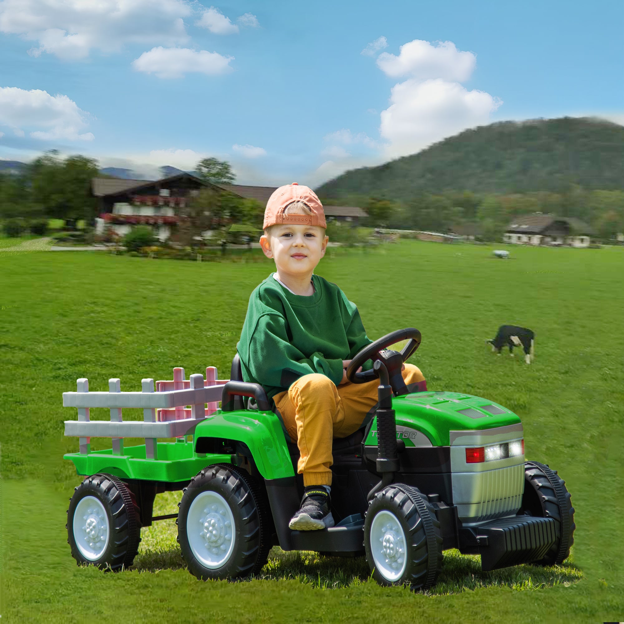 12V7AH Battery-Powered Toy Tractor with Trailer, Remote Control, Kids' Electric Excavator Vehicles with 2x35W Dual Motor, Treaded Tires, LED Lights, USB, Music, Green