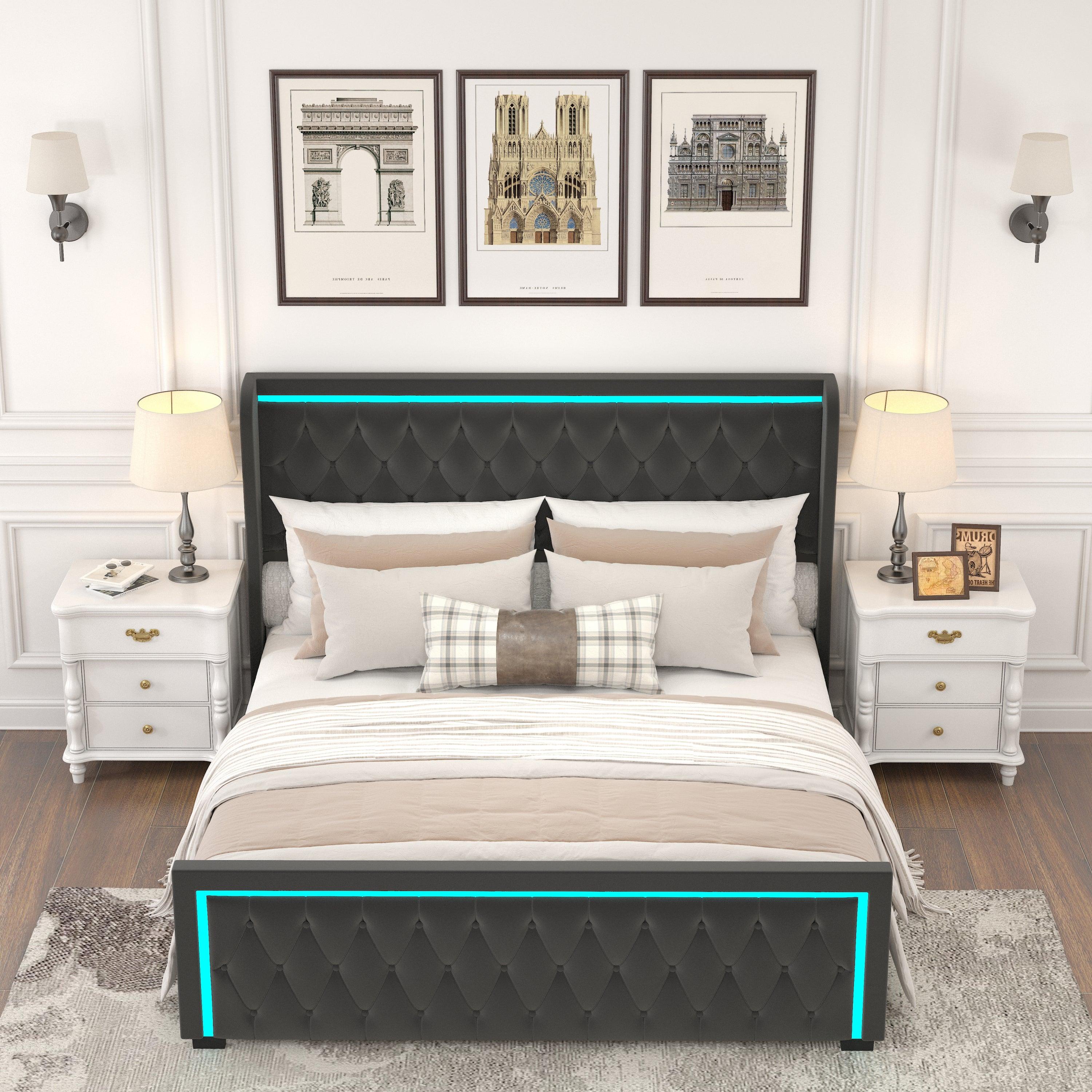 🆓🚛 King Platform Bed Frame With High Headboard, Velvet Upholstered Bed With Deep Tufted Buttons, Adjustable Colorful Led Light Decorative Headboard, Wide Wingbacks, Black