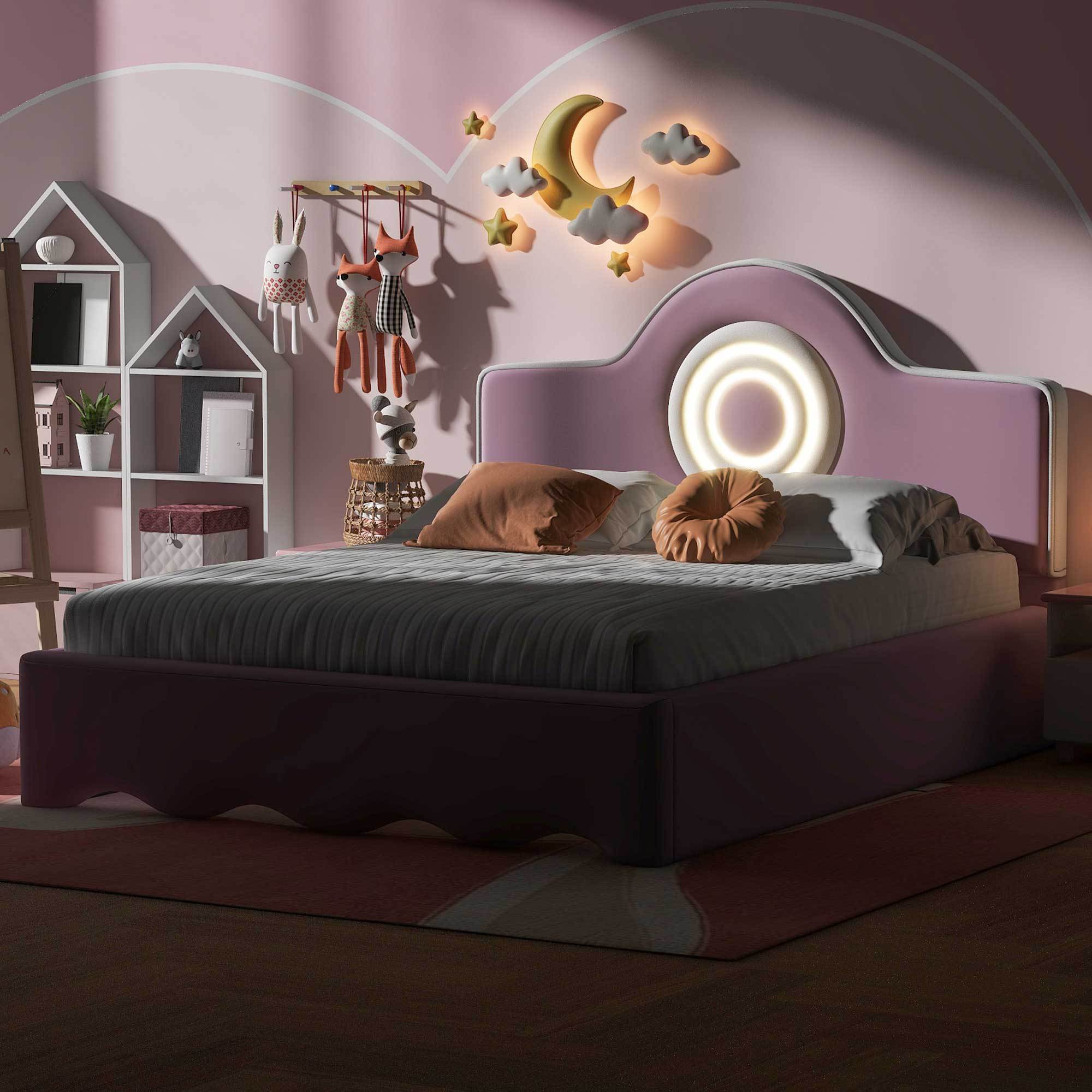 🆓🚛 Full Size Upholstered Platform Bed With Led Headboard, Pink