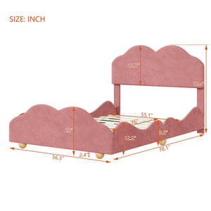 Full Size Upholstered Platform Bed with Cloud Shaped bed board, Dark Pink