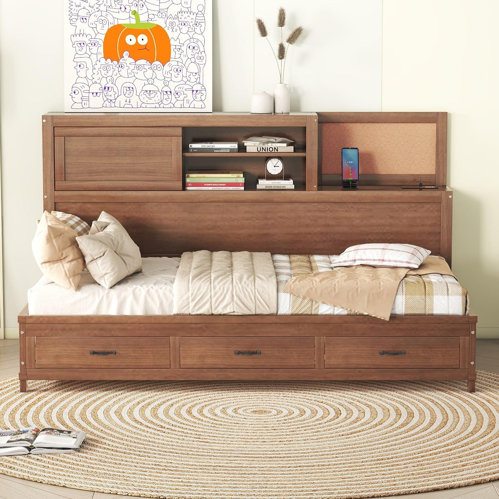 🆓🚛 Twin Size Wooden Daybed With 3 Storage Drawers, Upper Soft Board, Shelf, Set Of Sockets & Usb Ports, Brown