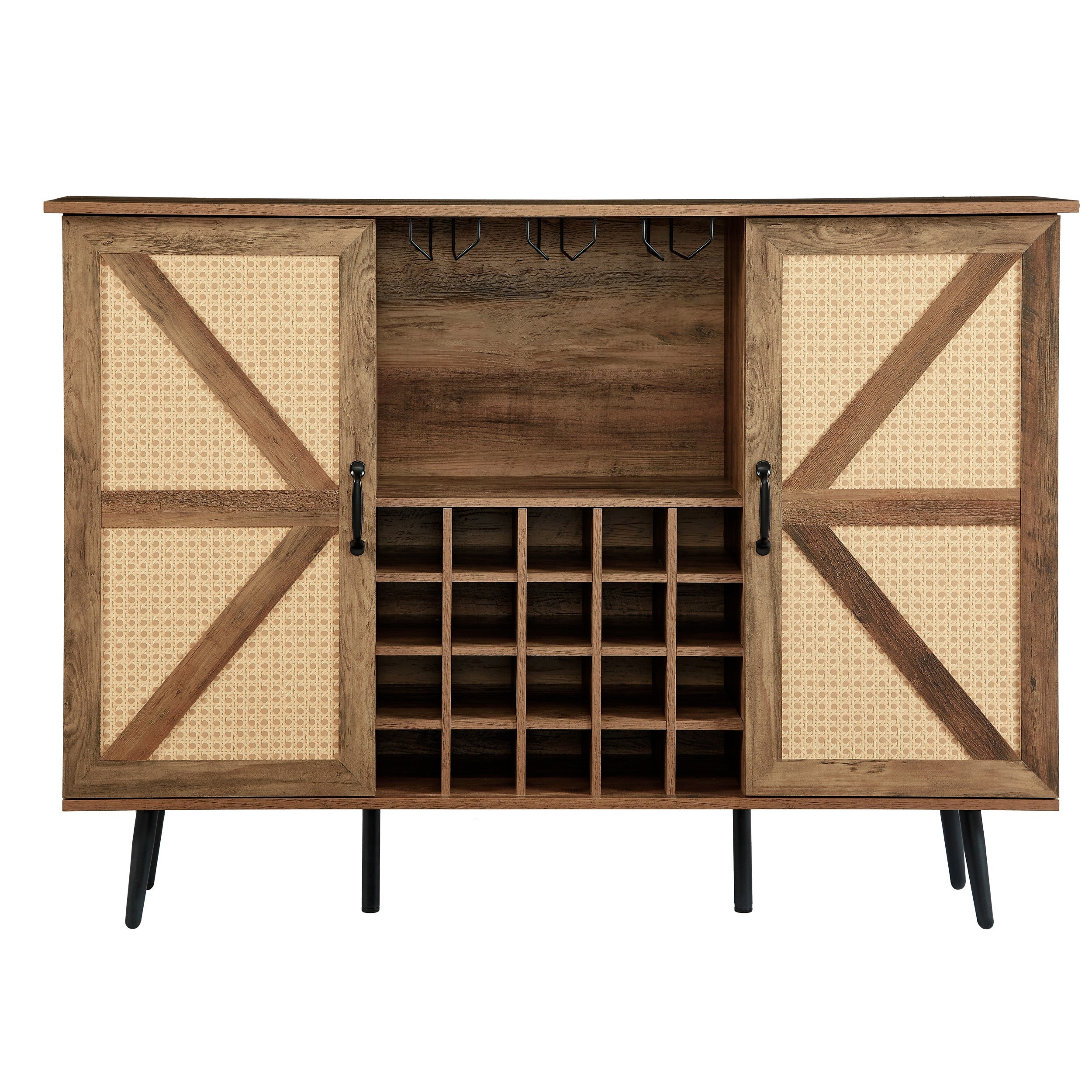 Oak Color Faux Rattan Barn Door Wine Cabinet with Wine Rack and Wine Glass Rack, Double Door Design with Removable Shelves, Rustic Wood Storage Cabinet