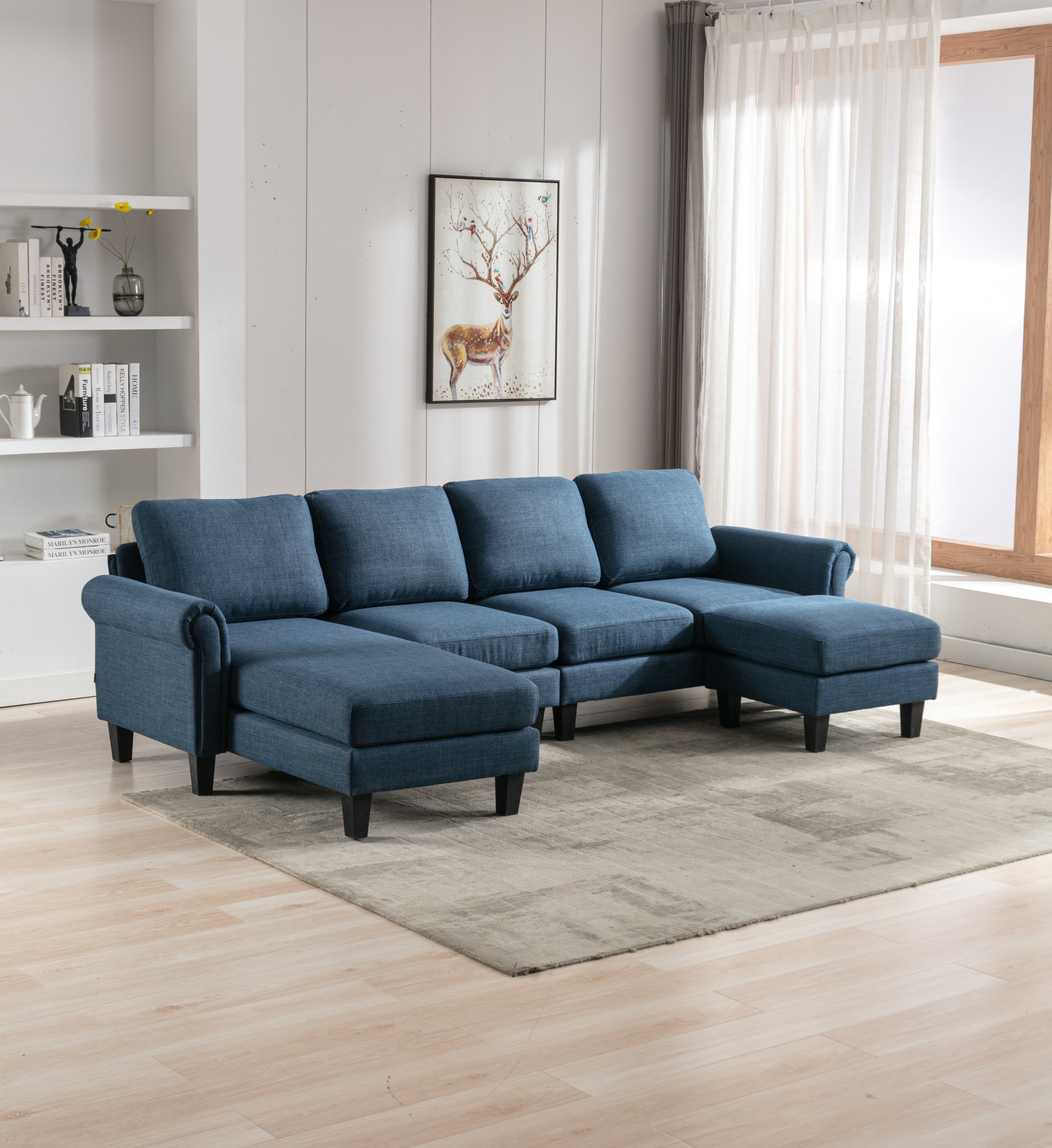🆓🚛 108" L-Shaped 4-Seater Sectional Sofa Couch With Ottoman, Navy Blue